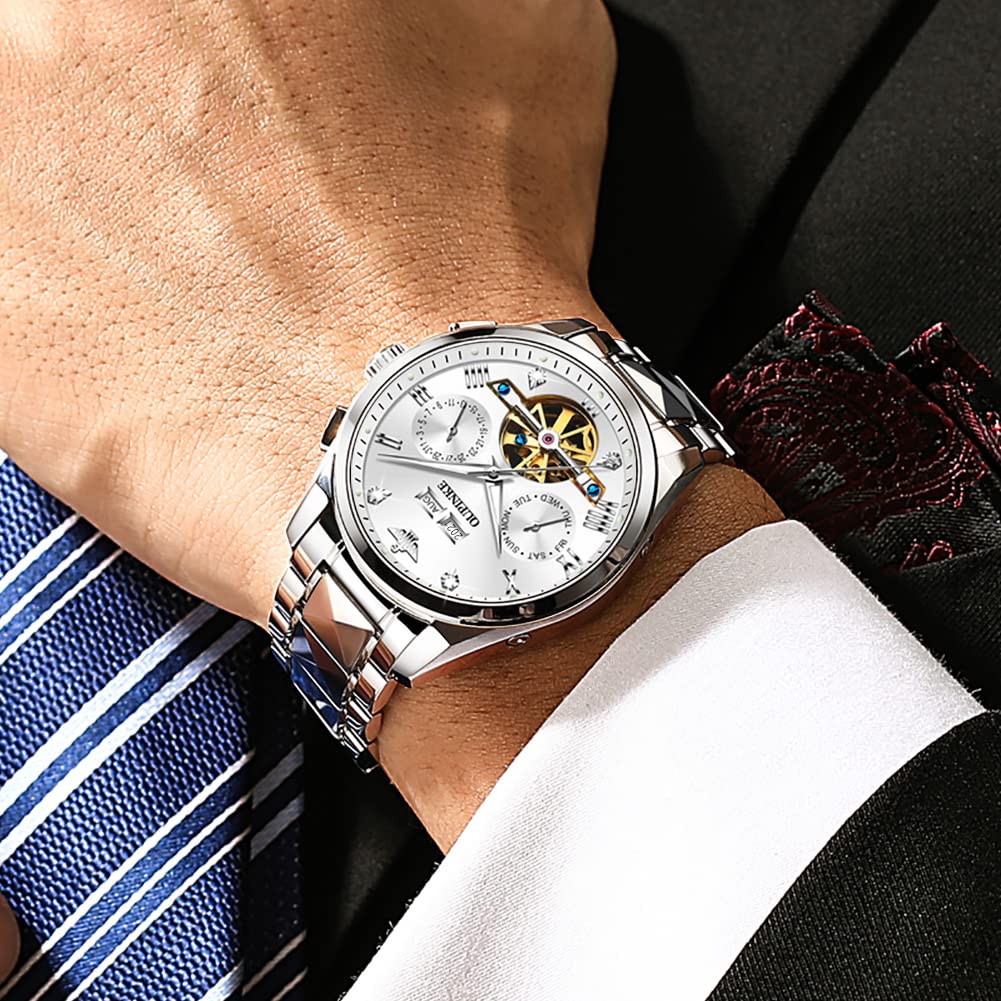 Premium Automatic Skeleton Self-Winding Dress Watch for Men - Waterproof Business Wristwatch with Luminous Tungsten Case - Perfect for Formal Events, Office Wear & Special Occasions