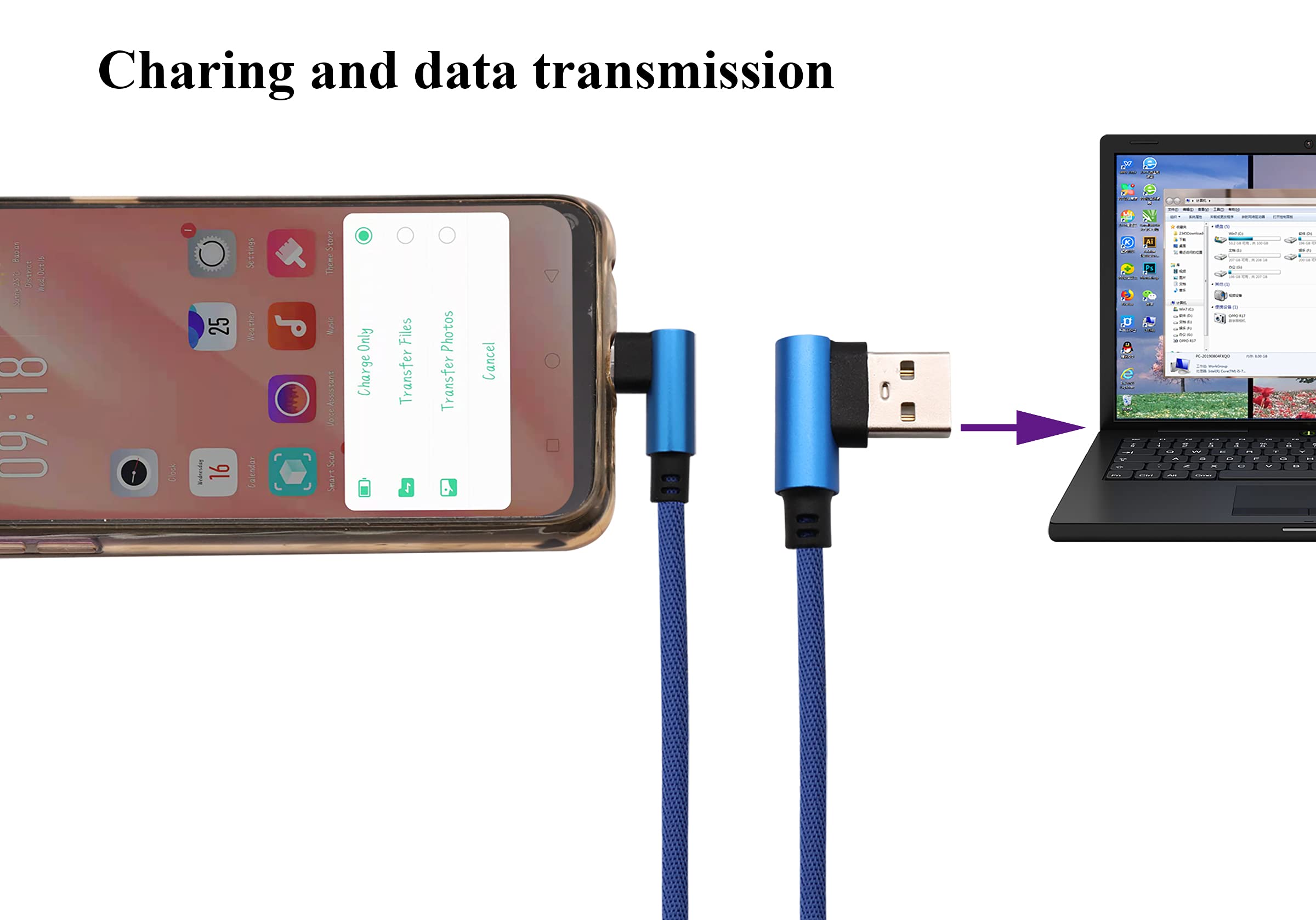 AAOTOKK 3 Ft 90 Degree Right Angle Micro USB Cable - Nylon Braided Fast Charging & Data Sync Cord for Android, Samsung, LG, Huawei Smartphones - Durable & Tangle-Free (2m/Blue) - Perfect for Gaming, Car Charging & Tight Spaces