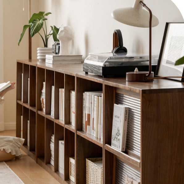 Solid Black Walnut Wood Bookshelf - Low Profile Wall Mounted or Floor Standing Cabinet for Living Room, Bedroom & Home Office Storage