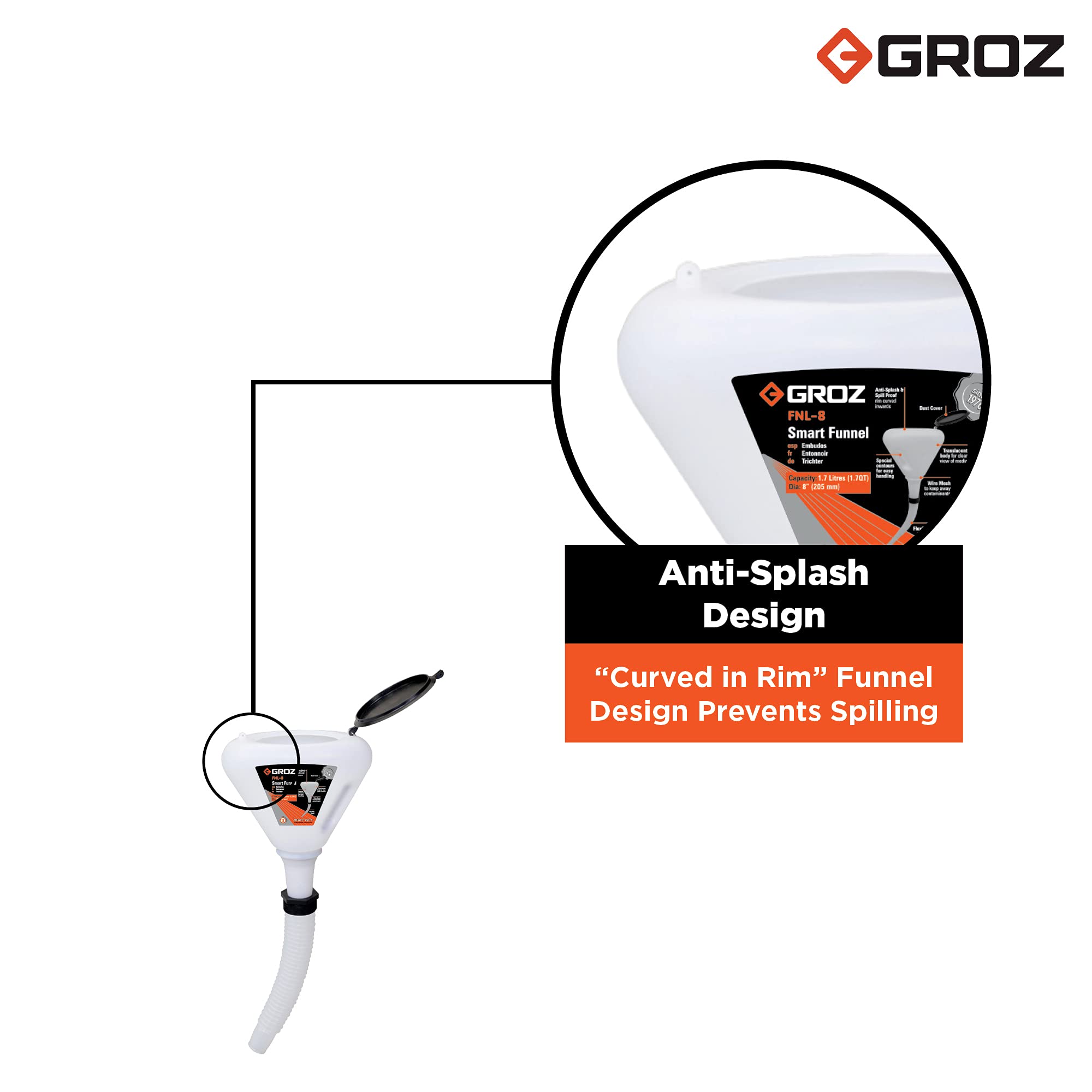 Groz Smart Funnel for Gasoline, Diesel, Kerosene - V-Shaped Funnel with Built-in Filter, Cap & Flexible Spout - 1.7 Liter Capacity - Perfect for Automotive, Marine & Home Fuel Transfer - FNL/8