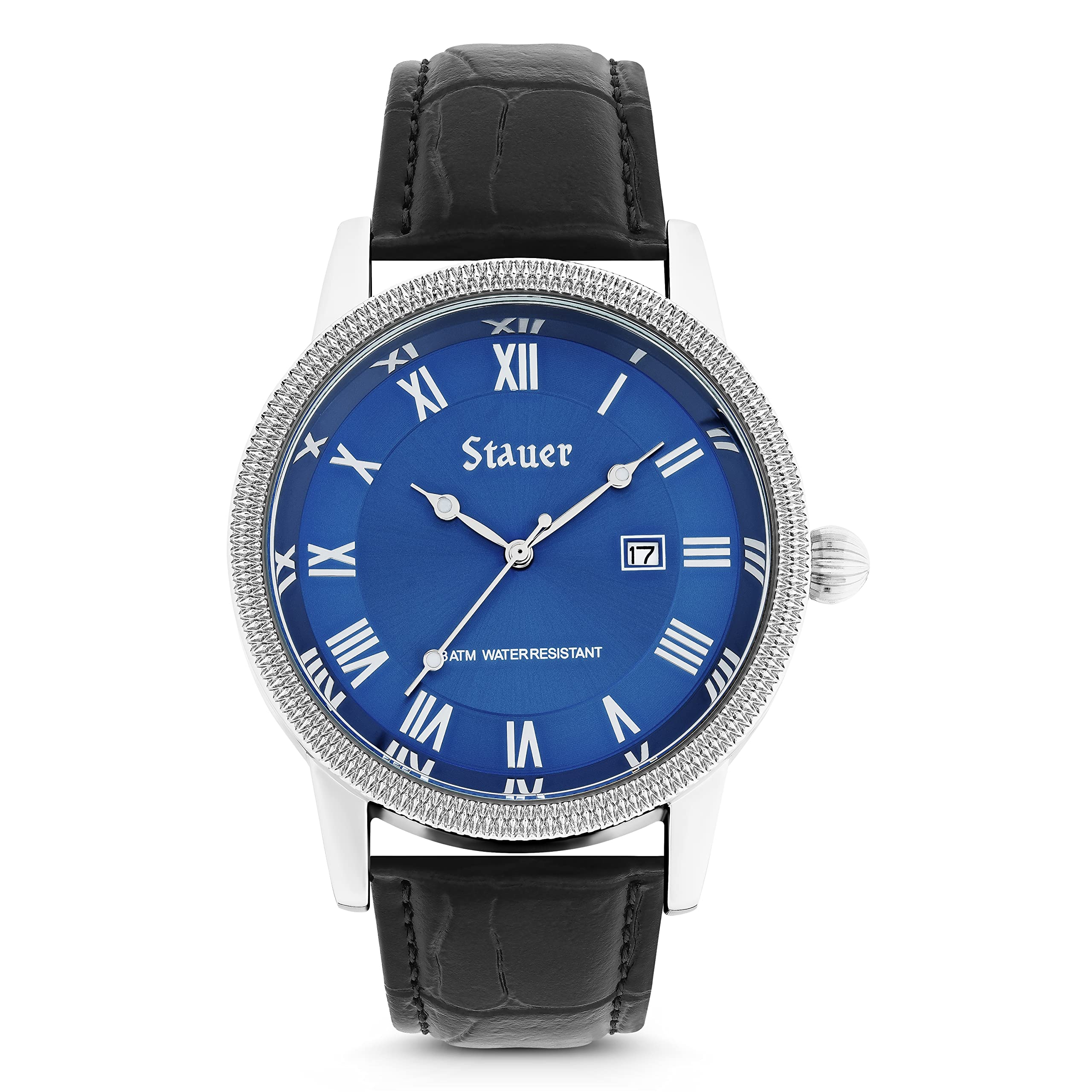 Stauer Urban Blue Men's Analog Watch - Blue Dial, Stainless Steel Case Back, Genuine Leather Strap, Quartz Movement - Luxury Mens Wristwatch for Business, Casual & Formal Occasions - Perfect Gift for Him