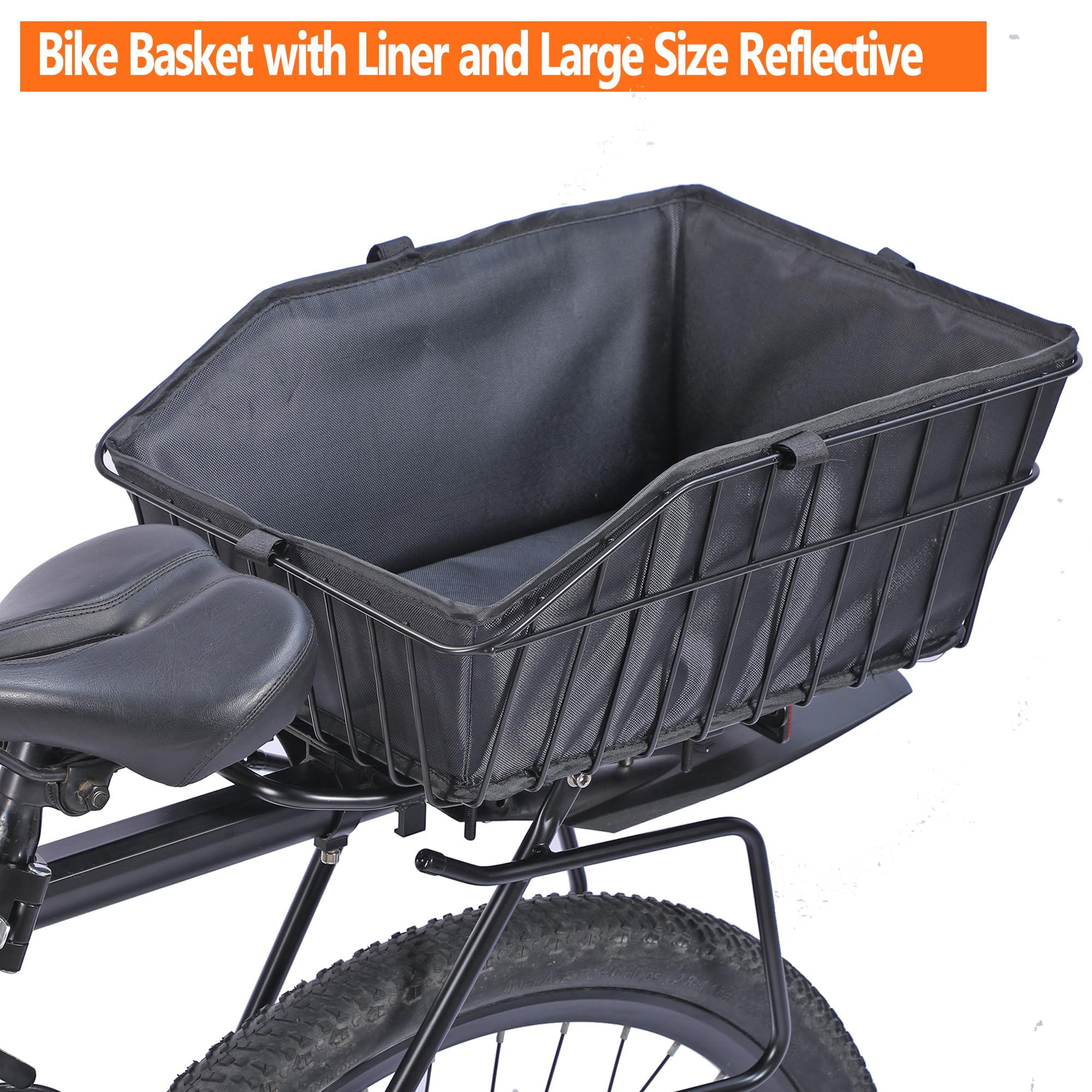 Rear Bike Basket with Liner - Large Waterproof Bicycle Rear Basket with Cargo Net - Perfect for Bike Trips, Grocery Shopping & Heavy Loads - Ideal for Commuting, Picnics & Outdoor Adventures