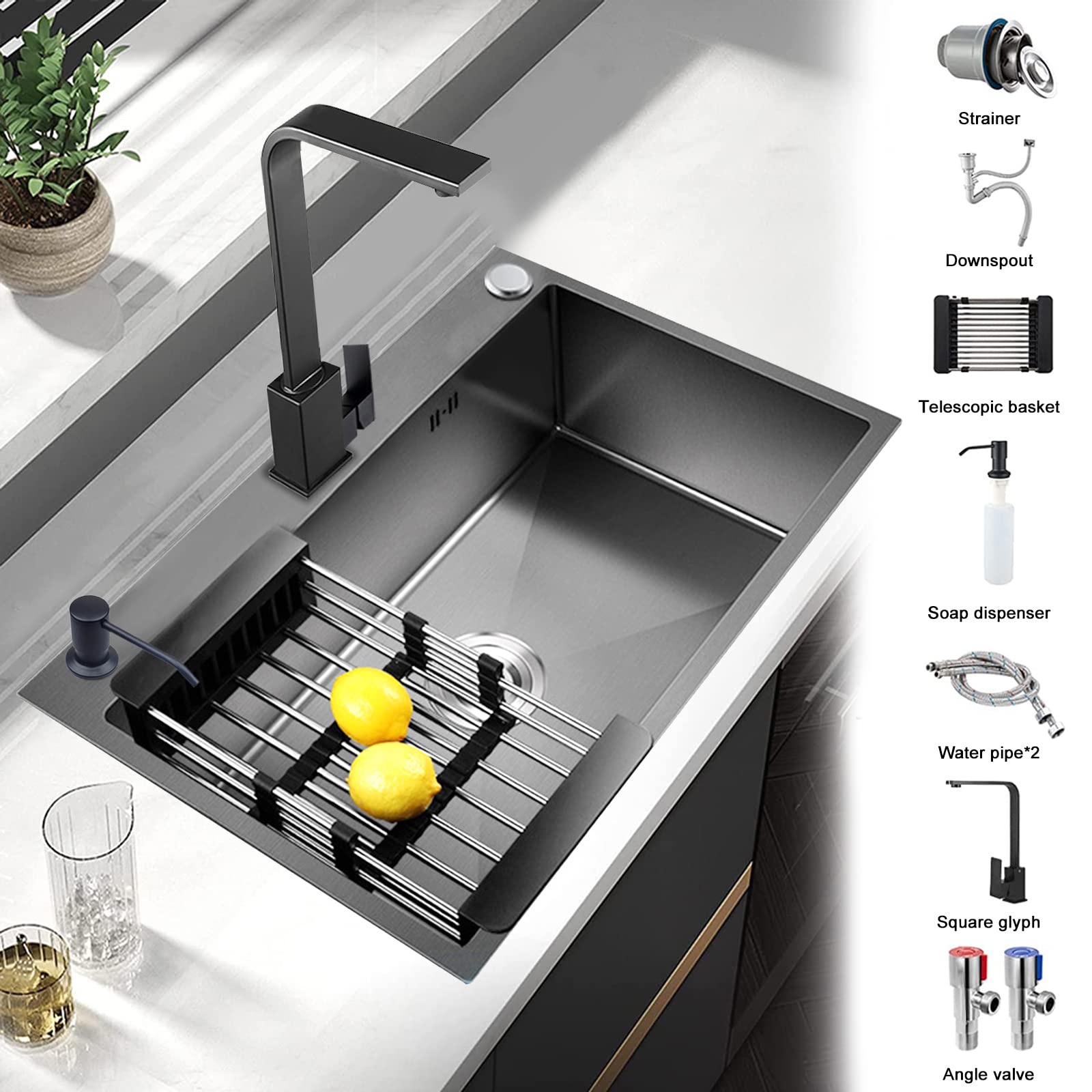 Undermount Single Bowl Kitchen Sink with Faucet - 304 Stainless Steel, Large Capacity, Black Nano Coating - Durable & Spacious for Home Cooking, Dishwashing, and Food Prep