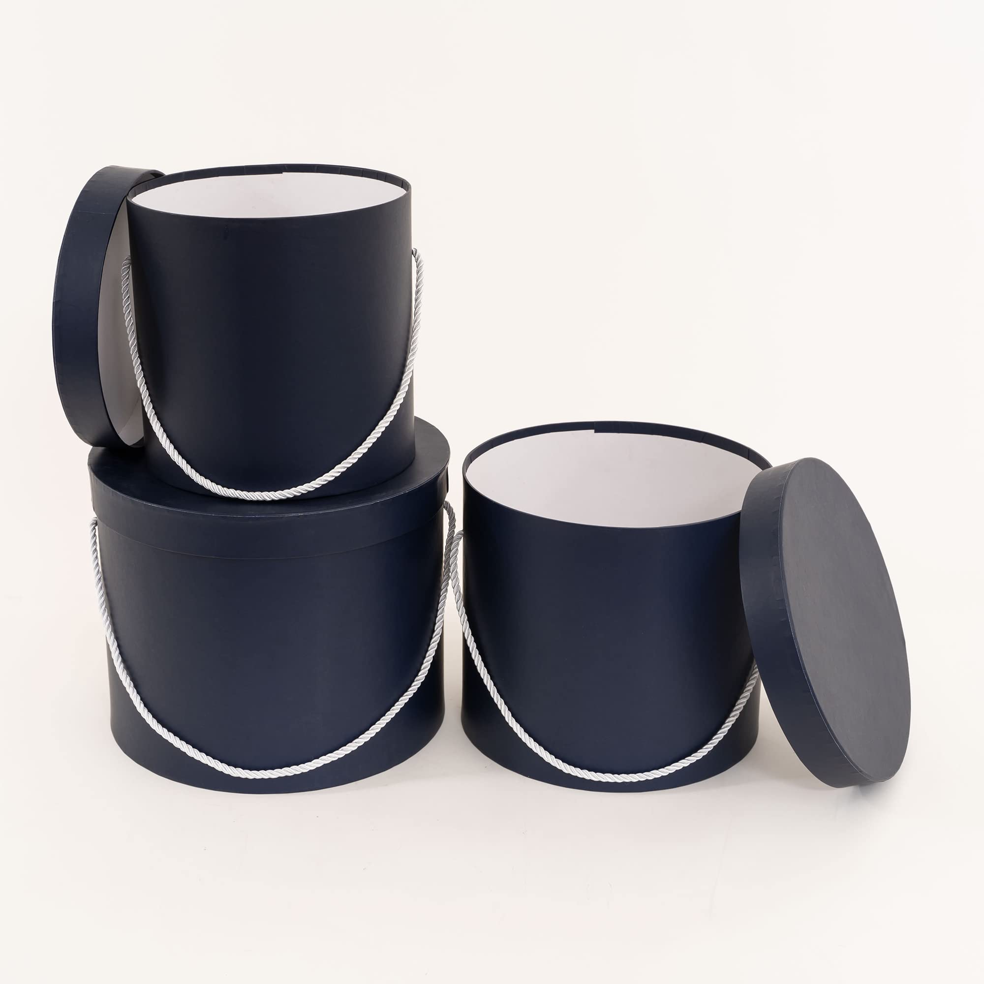 Elegant Round Gift Boxes with Lids - 3pc Navy Flower Box Set for Weddings & Gifts