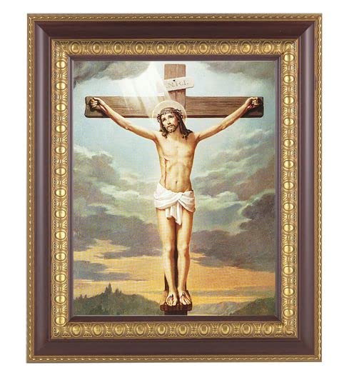 Religious Wall Art - Large Framed Crucifixion Picture with Dark Cherry & Gold Egg and Dart Detailing - Perfect for Home, Church, or Office Decor
