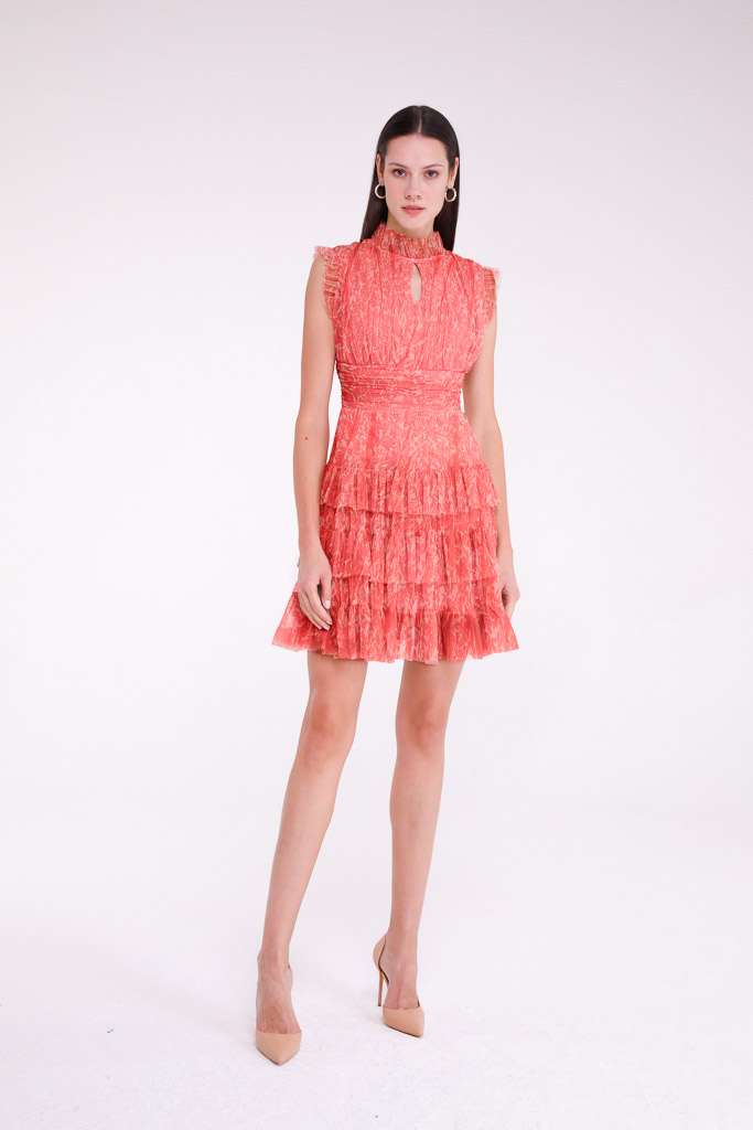 Ameriga Tulle Mini Dress - Coral Floral Print Party Dress for Women, Perfect for Weddings, Cocktails & Special Occasions