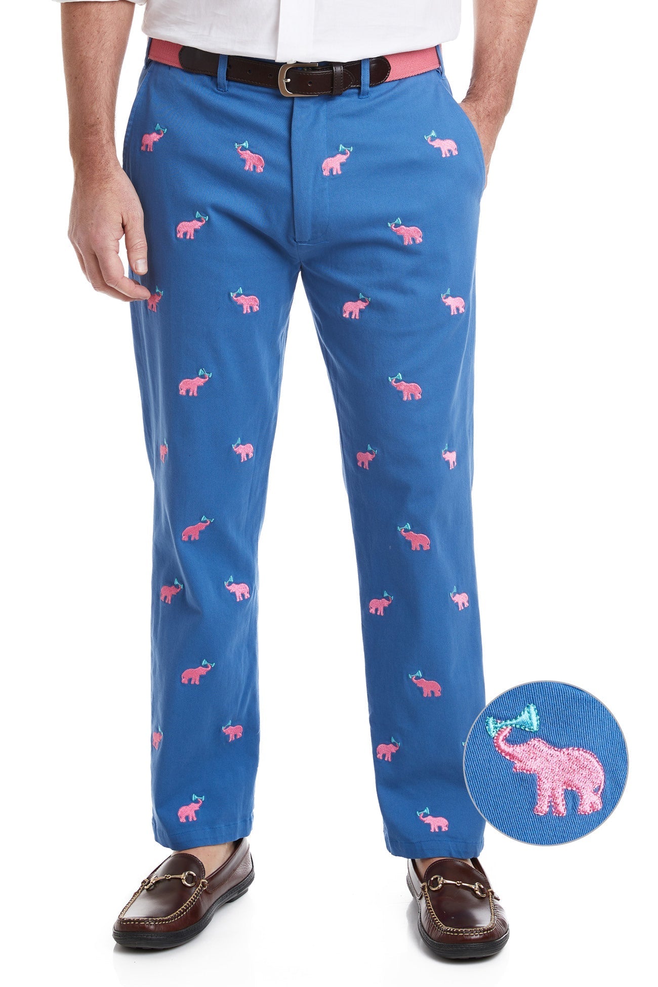 Stretch Twill Harbor Pant in Deep Ocean Blue with Toasting Elephant Print - Comfortable Casual Pants for Work, Travel & Everyday Wear