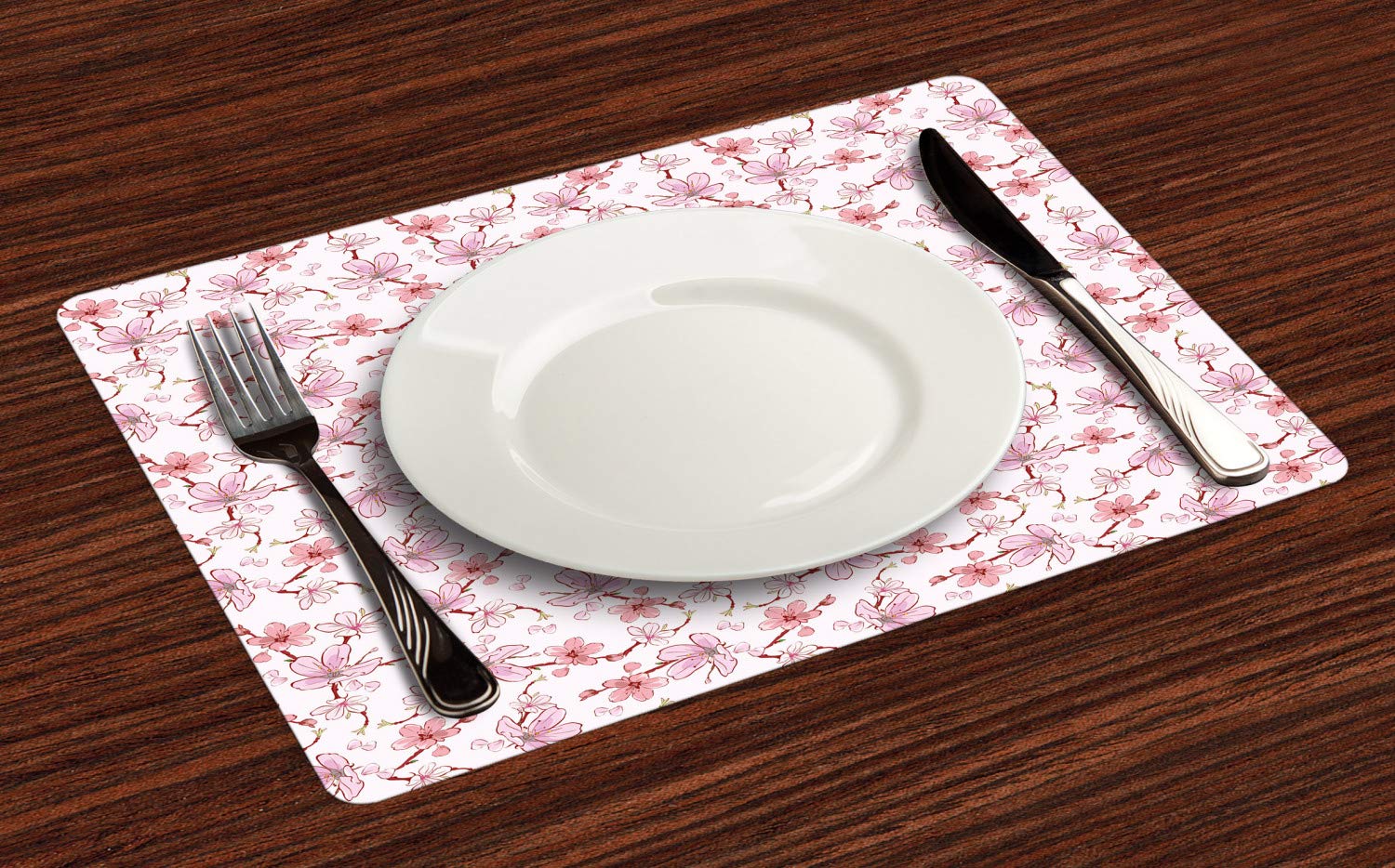 Ambesonne Asian Place Mats Set of 4 - Japanese Cherry Blossom Sakura Floral Design, Washable Fabric Table Mats for Dining Room Decor, Standard Size 12x18 Inches, Pale Pink - Perfect for Spring Parties, Tea Ceremonies & Asian-Themed Dinners