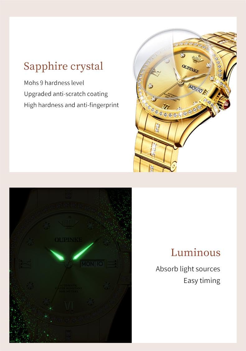 OUPINKE Women's Automatic Mechanical Diamond Luxury Dress Watch - Self-Winding Stainless Steel Waterproof Luminous Wristwatch - Perfect Gift for Women, Business & Formal Occasions
