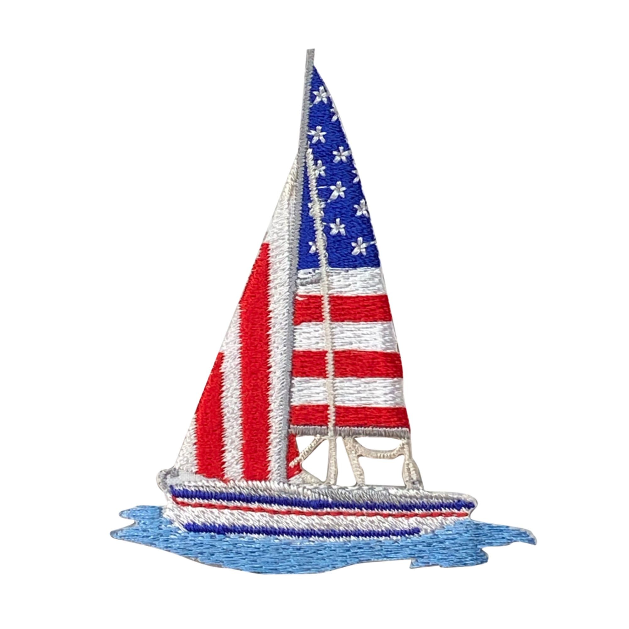 USA Patriotic Sailboat Embroidered Iron-On Patch - Perfect for Jackets, Hats & Backpacks | DIY Sewing & Applique for Sailing Enthusiasts