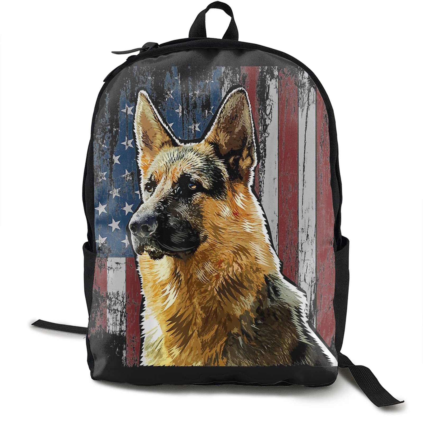 Patriotic German Shepherd American Flag Backpack - Personalized Sunflower & Blue Sky Design for Women & Men | Lightweight Travel, Gym & School Bookbag | Outdoor Hiking & Daily Use Backpack