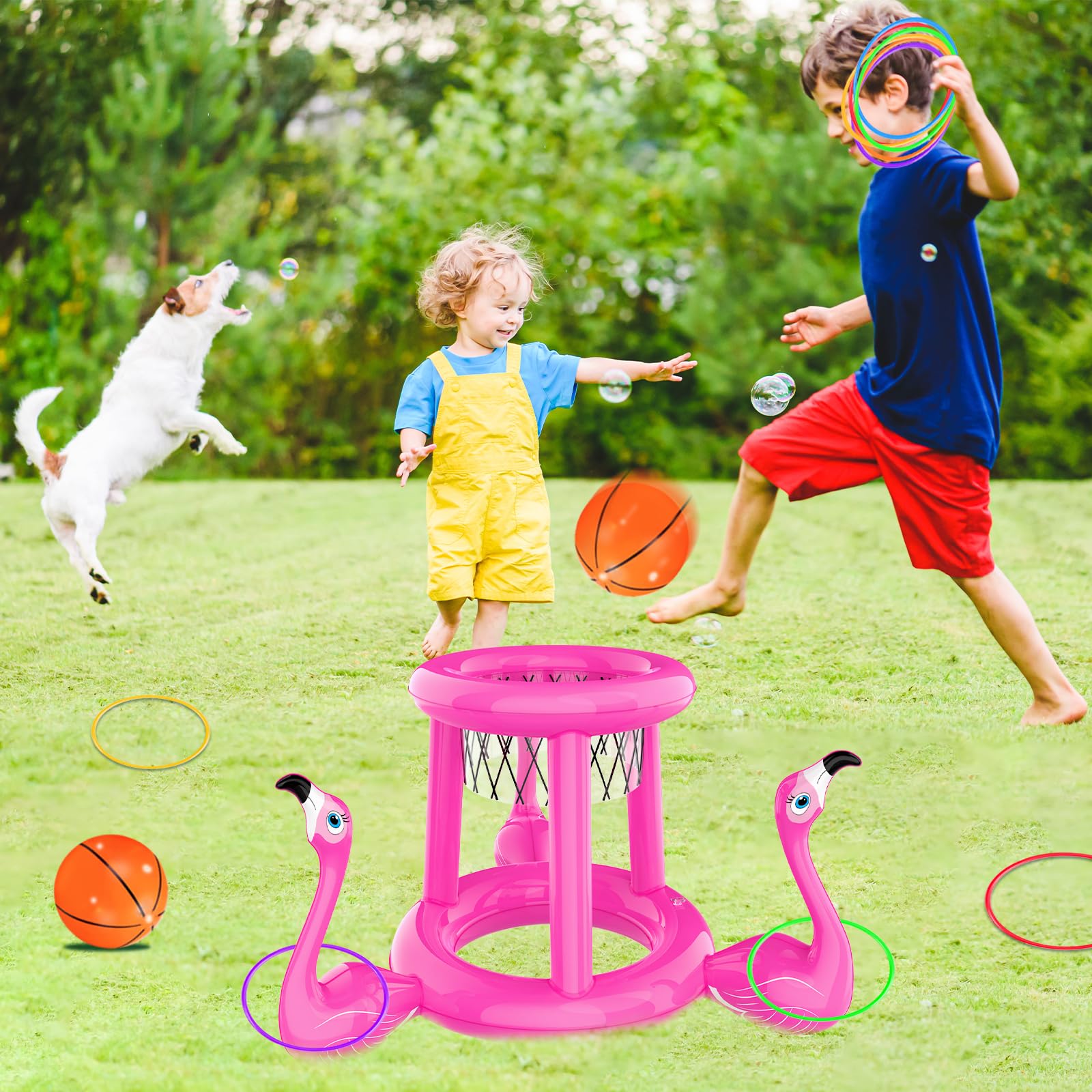 Voiiake Inflatable Flamingo Pool Float with Basketball Hoop & Ring Toss Game - Fun Swimming Pool Toys for Kids Ages 4-12 & Adults - Perfect for Family Gatherings, Backyard Parties & Summer Water Activities