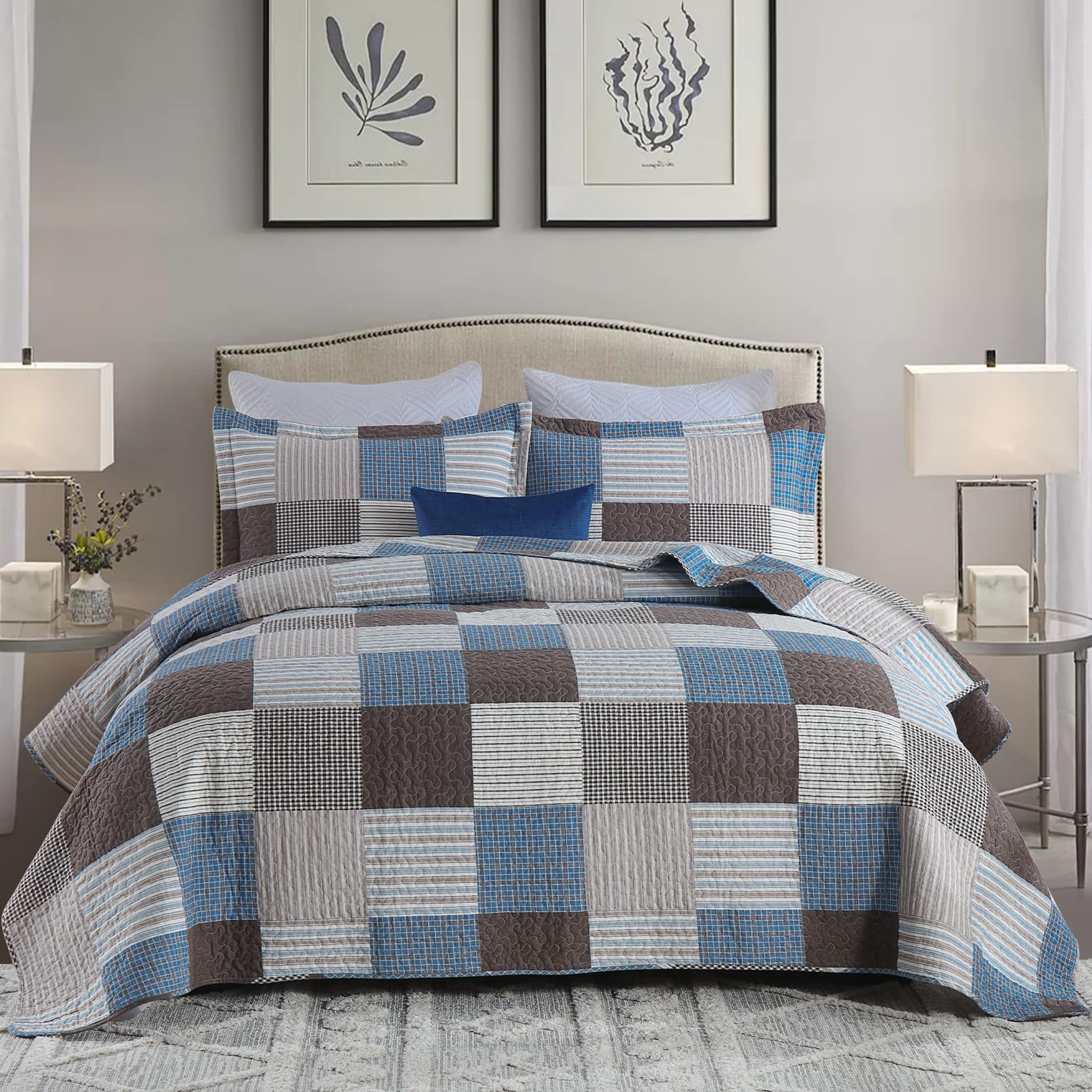 Y-PLWOMEN 100% Cotton Plaid Quilt Set Queen Size - Farmhouse Style Lightweight Breathable Bedspread with 2 Pillow Shams, Blue Brown (90x98 Inches) for Cozy Bedroom Decor & Guest Room Essentials