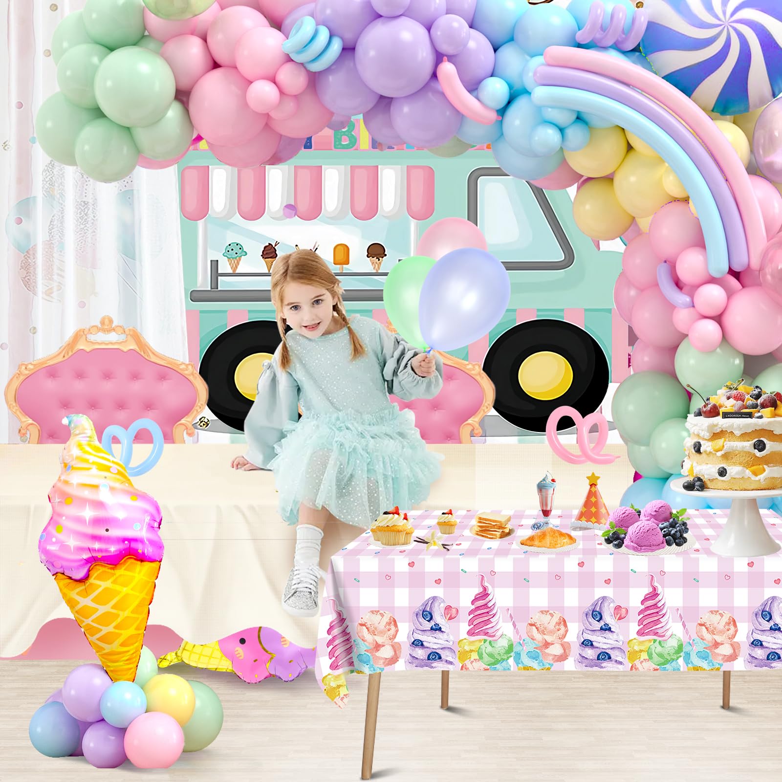 Pastel Ice Cream Party Decorations Kit - Balloon Garland Arch, Backdrop, Tablecloth & Candy Strip Balloons for Girls Birthday - Sweet Ice Cream Theme Party Supplies for Baby Shower, Bridal Shower & Kids Celebration