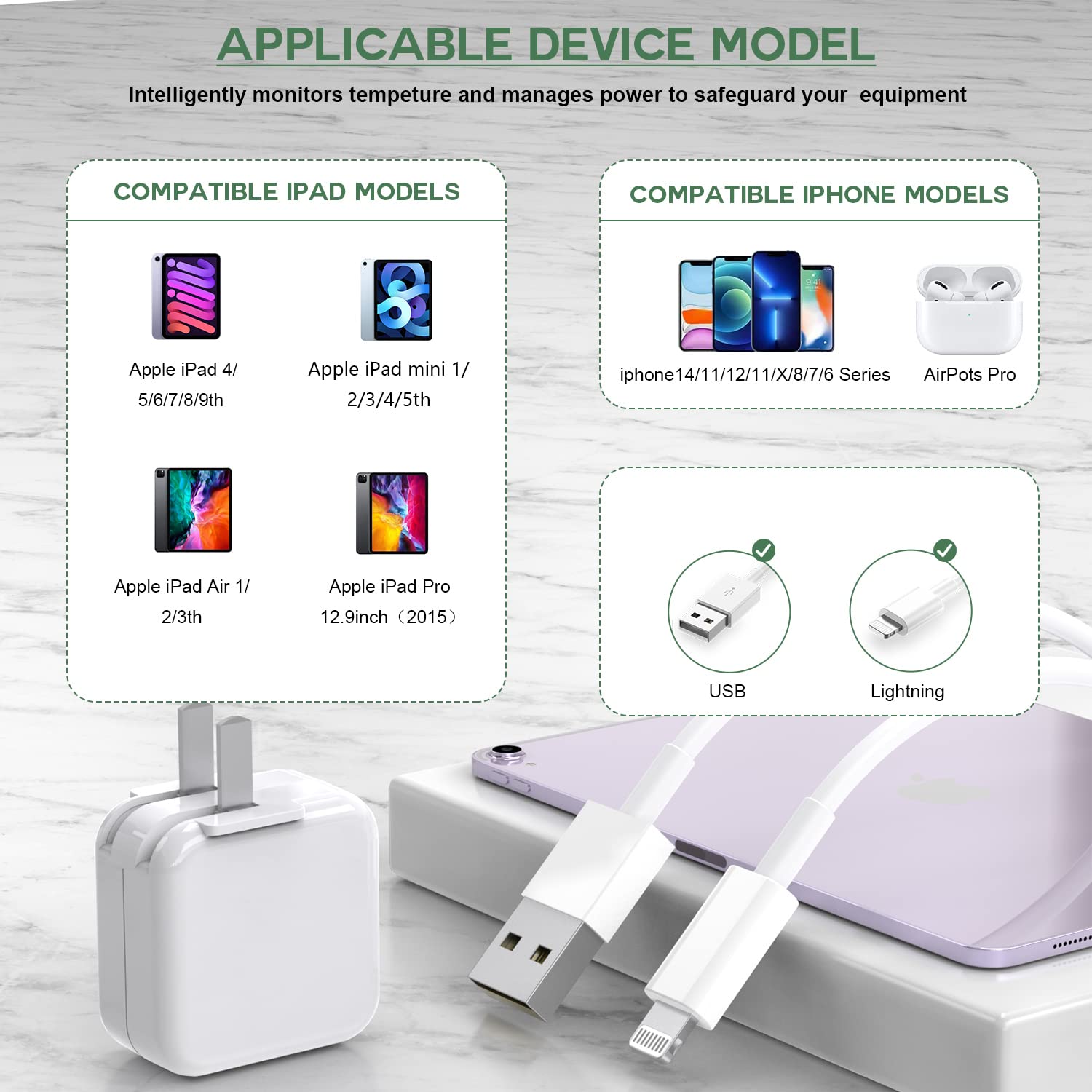 Apple MFi Certified 12W Fast Charger with 3.3FT Lightning Cable - 2-Pack Foldable Travel Plug for iPhone 14/13/12/11/X/8, iPad Pro/Air/Mini - Perfect for Home, Office & Travel Charging