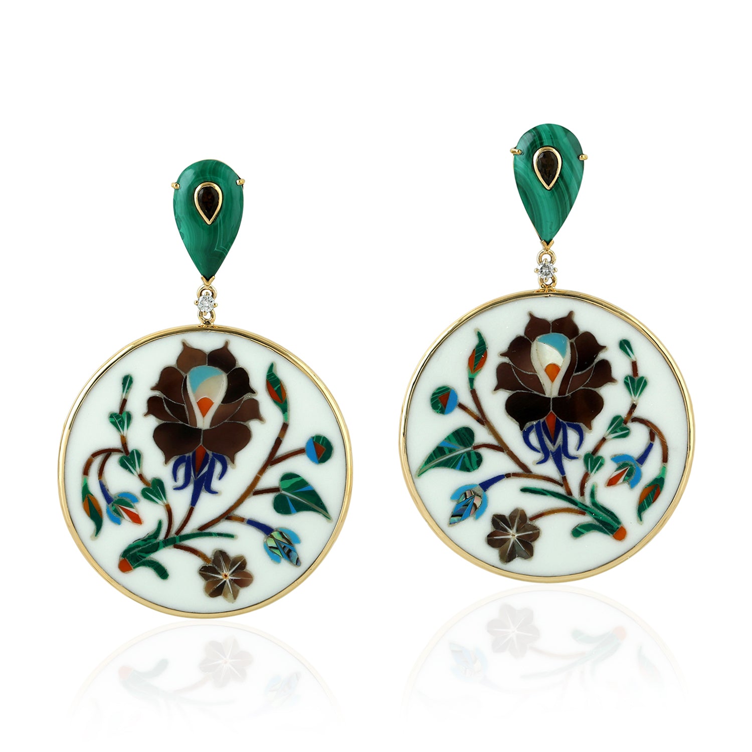 Malachite Bezel Set Quartz Smoky Picture Bakelite Prong Diamond Dangler Earrings in Gold - Elegant Vintage Jewelry for Women, Perfect for Parties, Weddings & Special Occasions