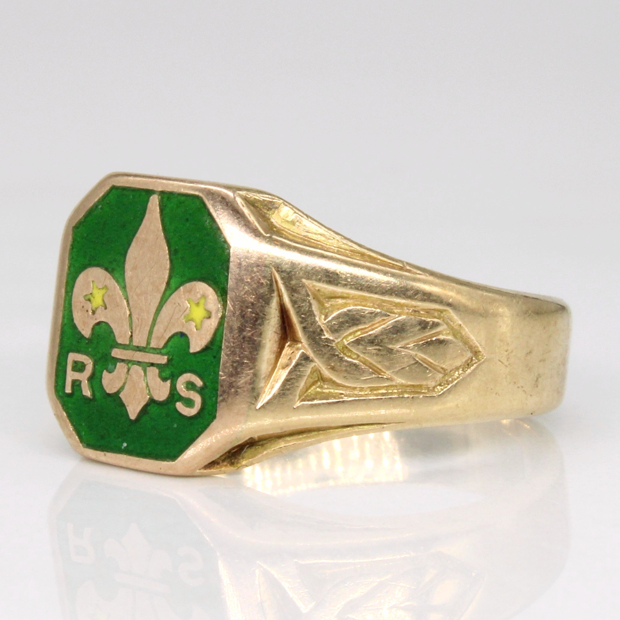 10K Yellow Gold Green Enamel Fleur De Lis Ring for Women - Size 8.25 - Elegant French Symbol Jewelry Gift for Her - Perfect for Weddings, Anniversaries & Special Occasions