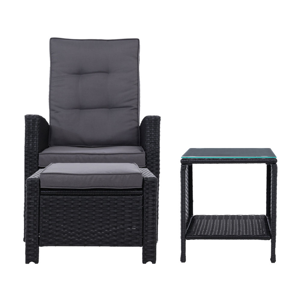 3 Piece Elise Outdoor Recliner Chair Set with Ottoman and Side Table - Patio Furniture for Backyard, Poolside, Garden Relaxation - Black