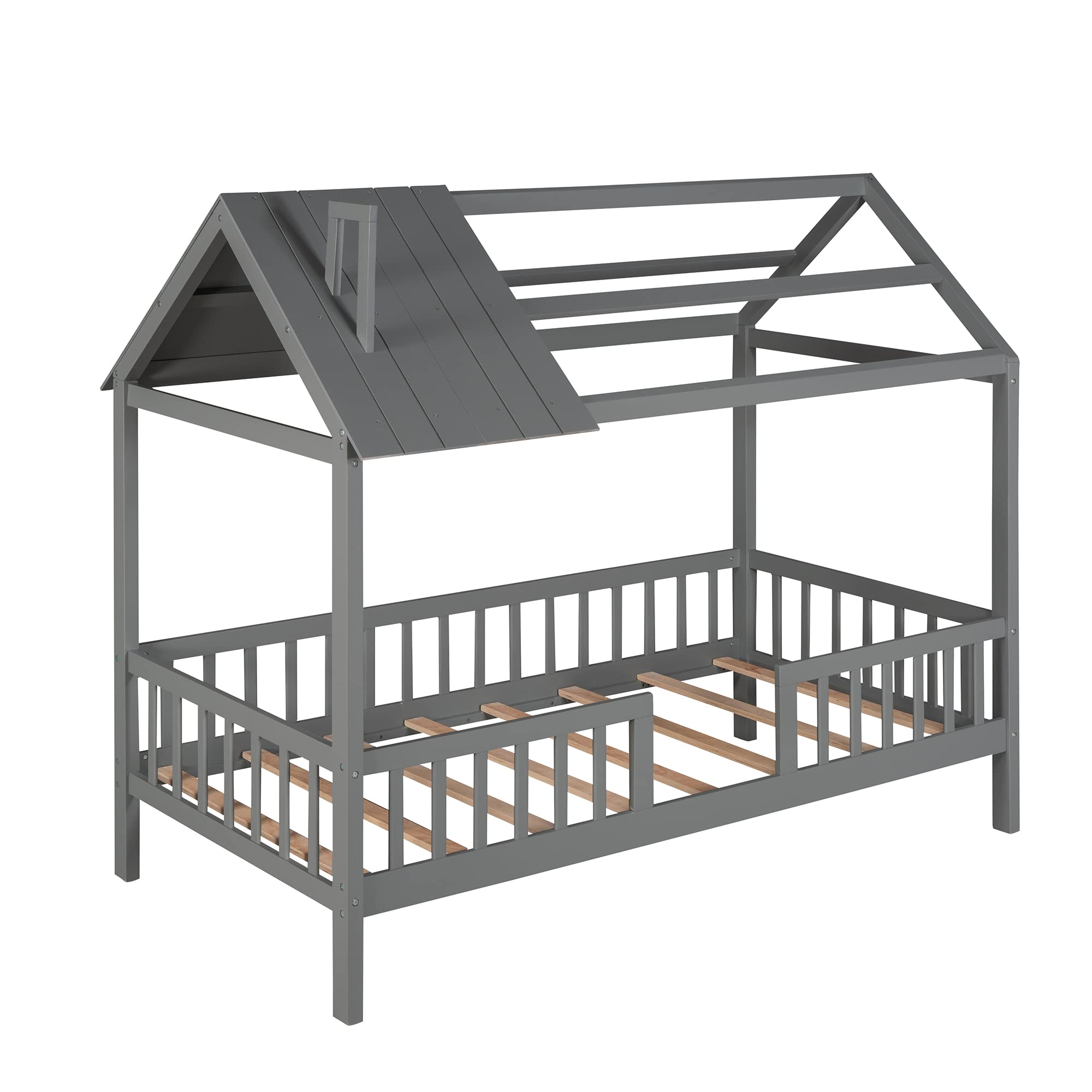 MERITLINE Twin Size Wooden House Bed Frame with Safety Fence - Montessori Style Platform Bed with Wood Slats Support - Playhouse Bed for Toddlers, Kids & Teens - Grey - Perfect for Bedrooms, Playrooms & Montessori Learning Spaces