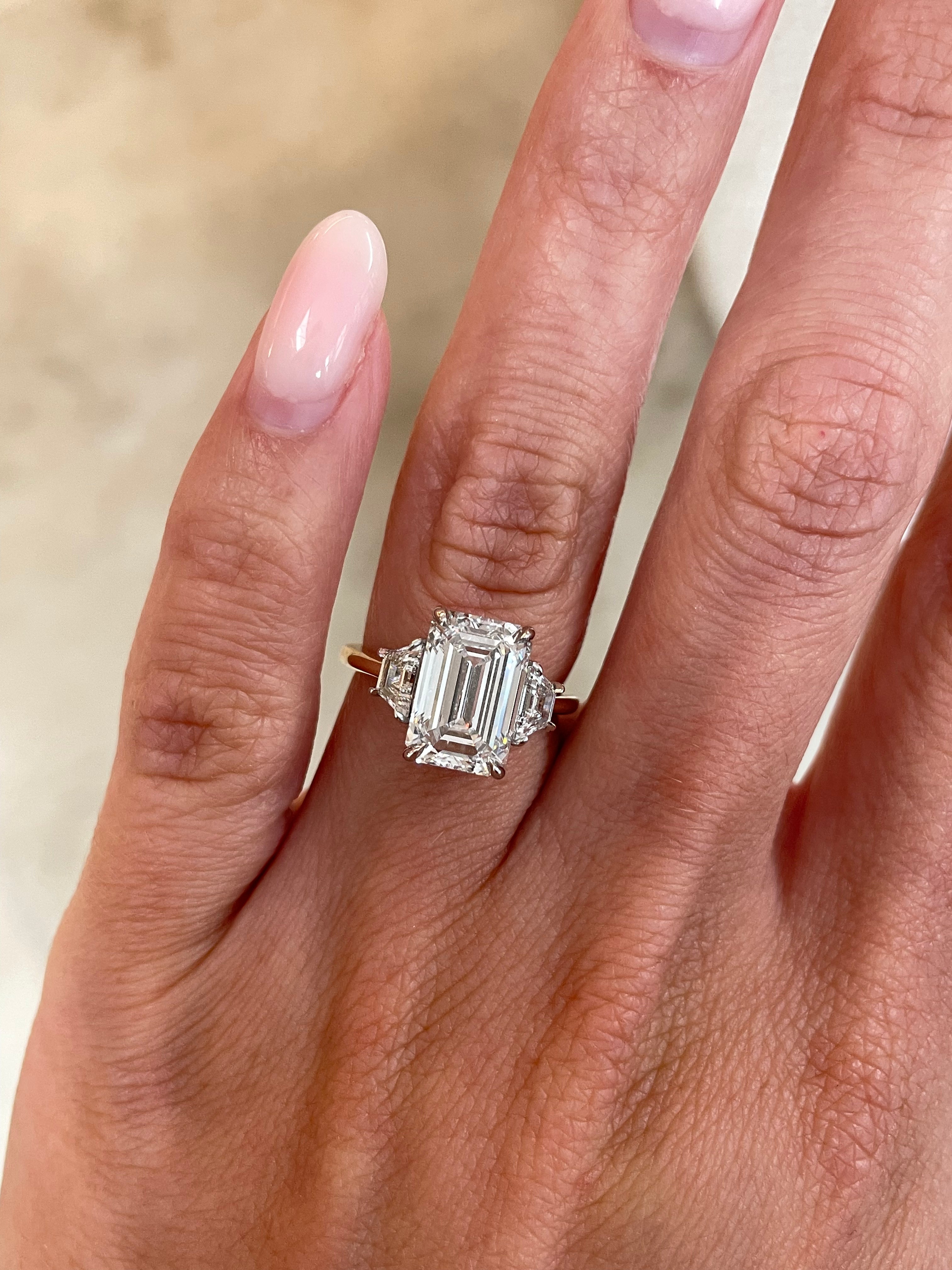 3.65 Carat Lab Grown Emerald Whisper Thin® Three Stone Ring with Trapezoid Side Stones - Elegant Engagement, Anniversary Gift for Her