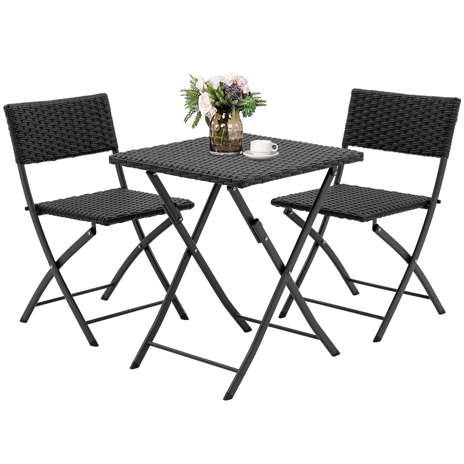 3-Piece Rattan Patio Bistro Set - Foldable Outdoor Furniture with Table & 2 Chairs - Weather-Resistant Wicker for Garden, Backyard, Pool, Lawn, Porch, Balcony - Perfect for Outdoor Dining, Relaxing & Entertaining (Black)