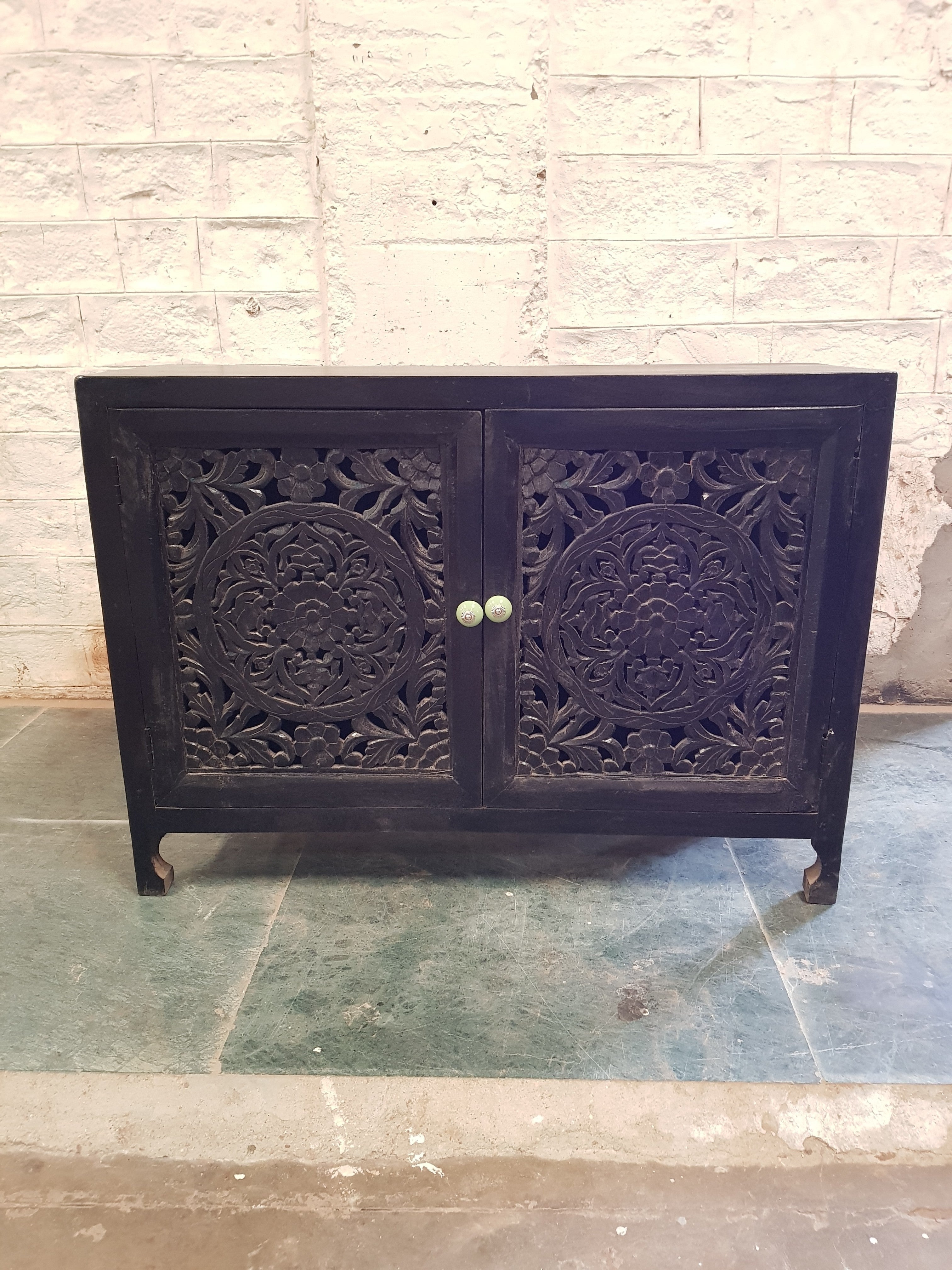 Hand Carved Indian Solid Wood Small Buffet Sideboard - Traditional Dynasty Style for Dining Room, Living Room & Entryway Storage
