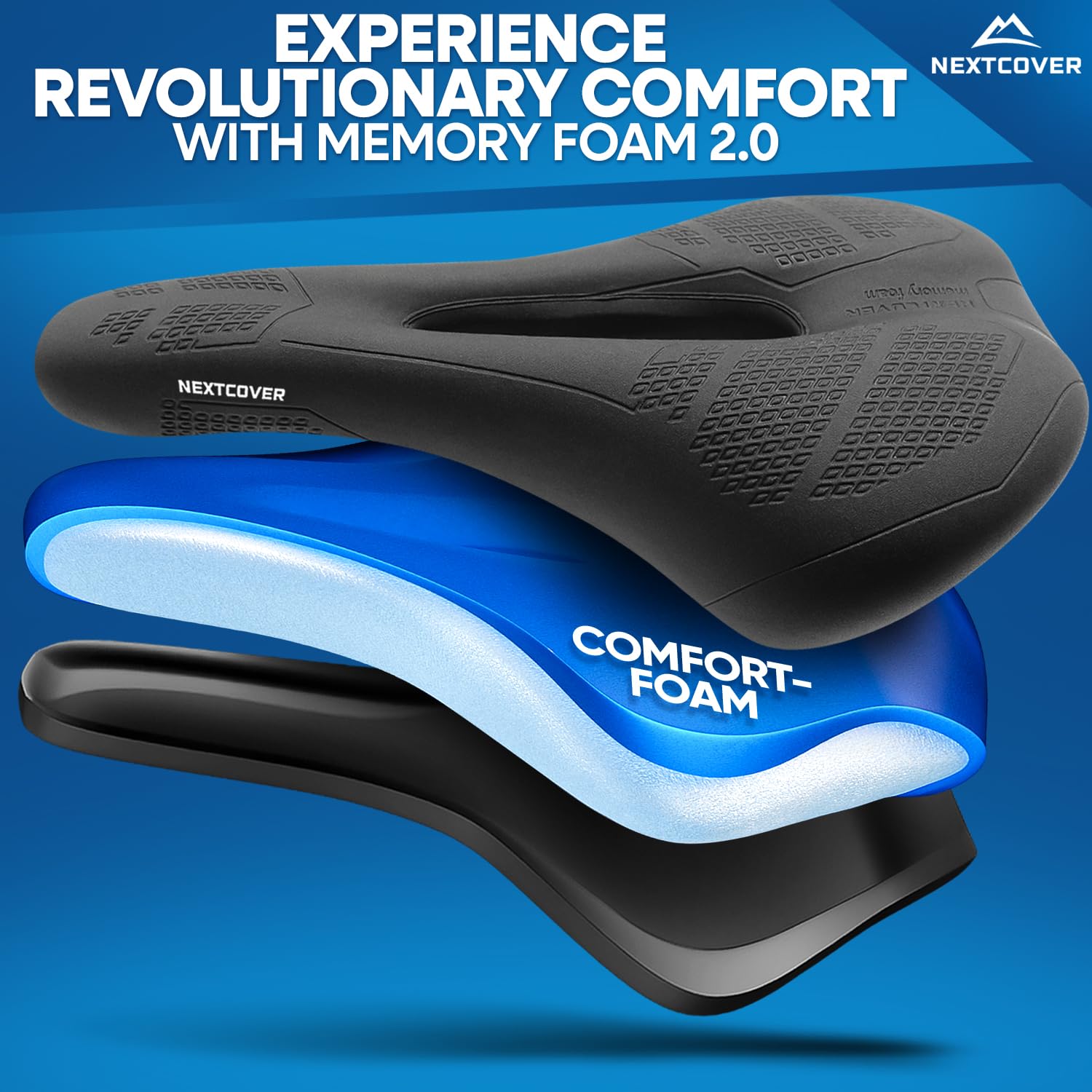 NEXTCOVER® Memory Foam Bike Seat with Air Suspension - Ultra Comfortable Bicycle Saddle for Men & Women - Mountain, Road & Exercise Bike Seat - Perfect for Long Rides, Commuting & Indoor Cycling Workouts