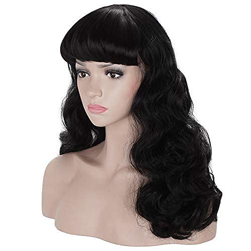 LUSH LOCKS® Vintage Medium Length Black Wigs with Bangs - Natural Wavy Synthetic Hair Wig for Women | Perfect for Cosplay, Halloween, Costume Parties & Daily Wear (Black)