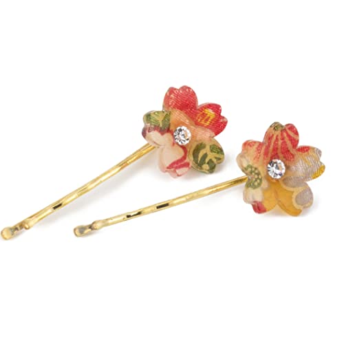 Japanese Floral Bobby Pins - Sakura Flower Hair Clips (2 Pairs, Red) - Vintage Acrylic Hair Accessories for Women & Girls - Perfect for Weddings, Parties & Everyday Styling