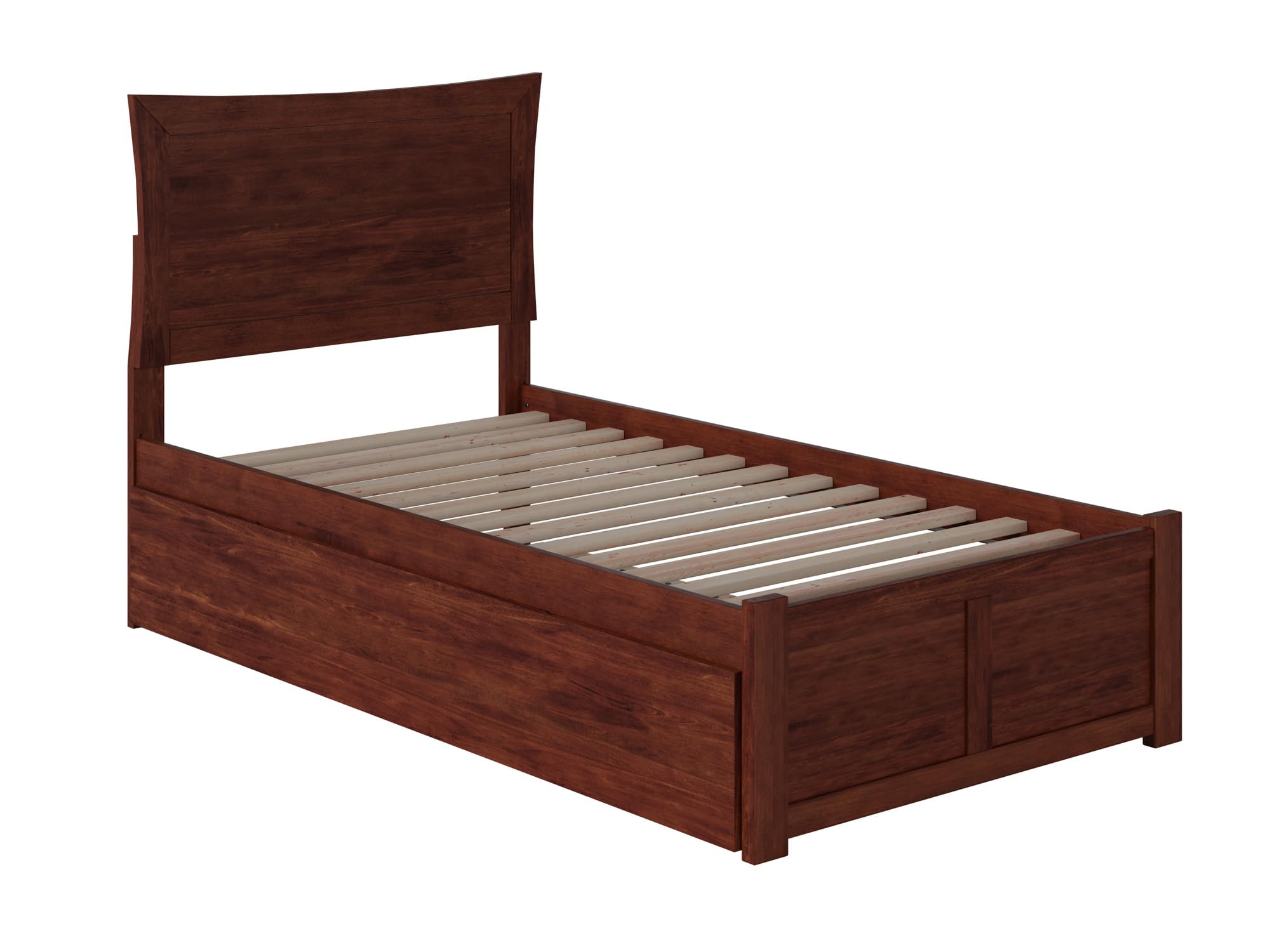 AFI Metro Twin Platform Bed with Footboard, Twin Trundle & USB Charger - Walnut Wood Modern Kids Bedroom Furniture for Small Spaces & Sleepovers