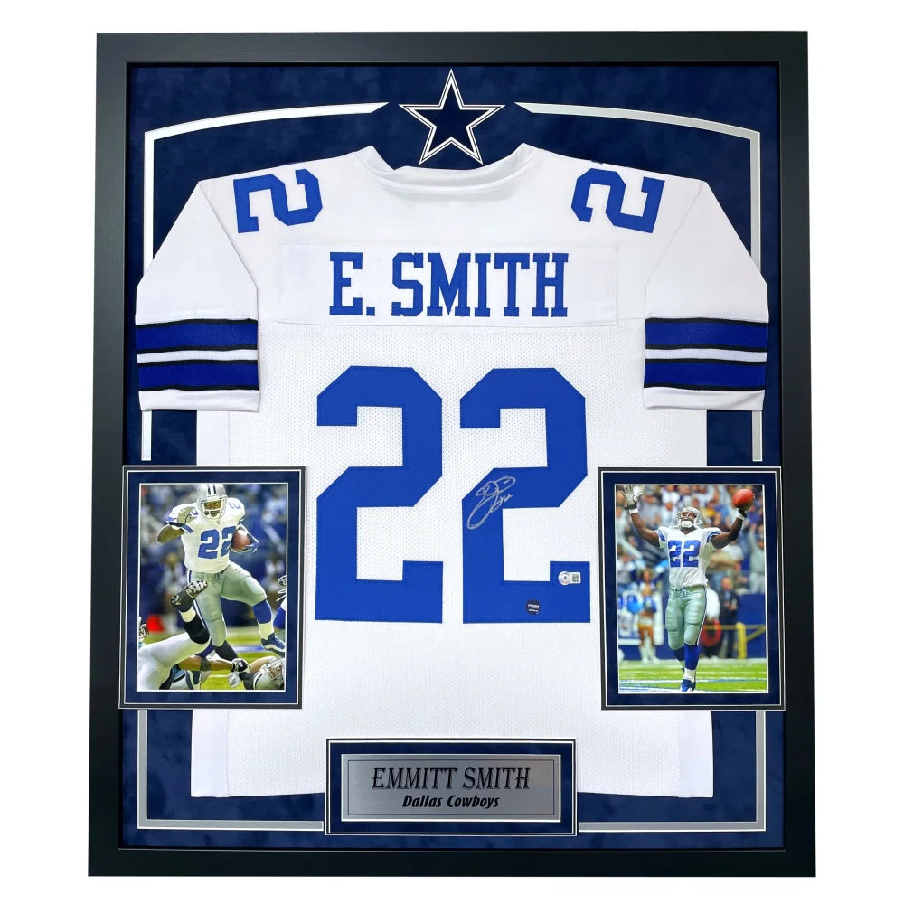 Emmitt Smith Autographed Dallas Cowboys Jersey - Framed BAS Prova Signed White Football Memorabilia - Perfect for Sports Fans, Collectors & Man Cave Decor