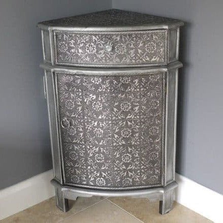 Handmade Blackened Silver Embossed Patterned Metal Corner Cabinet with Door & Drawer - Perfect for Living Room, Bedroom, or Office Storage