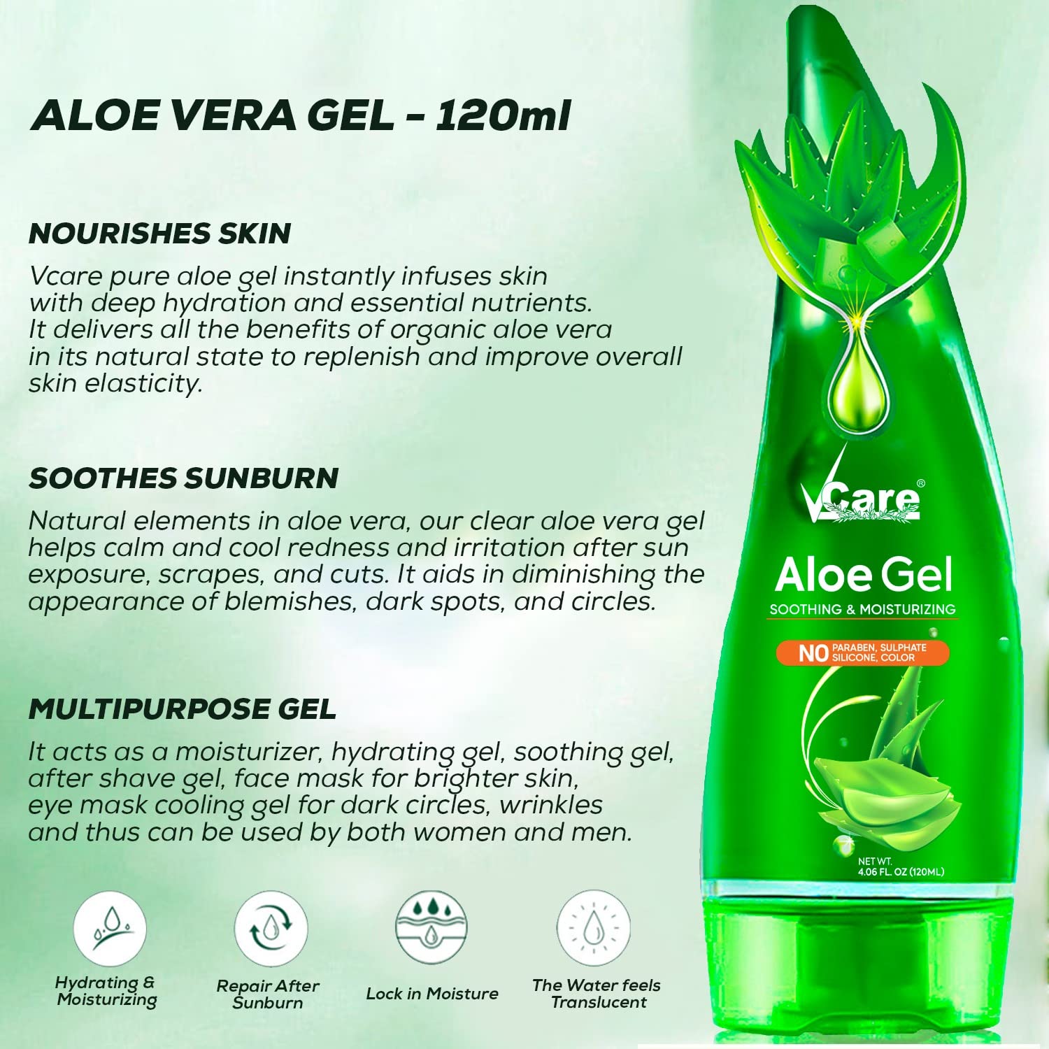 VCare Pure Aloe Vera Gel for Face & Body - Natural Moisturizer for Skin, Acne Scars, Wrinkles & Dark Circles | Hair Care Treatment | 120ml (Pack of 2) | Soothes Sunburn & Hydrates Dry Skin