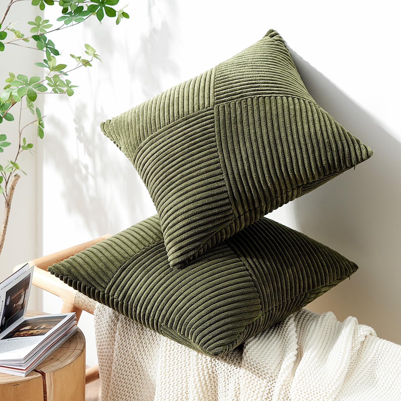 Topfinel Olive Green Decorative Throw Pillow Covers Set of 2 - 18x18 Inches (45x45 cm) Soft Corduroy Striped Patchwork Cushion Cases for Couch, Bed, Sofa - Boho Aesthetic Home Decor - Perfect for Living Room, Bedroom & Cozy Reading Nook