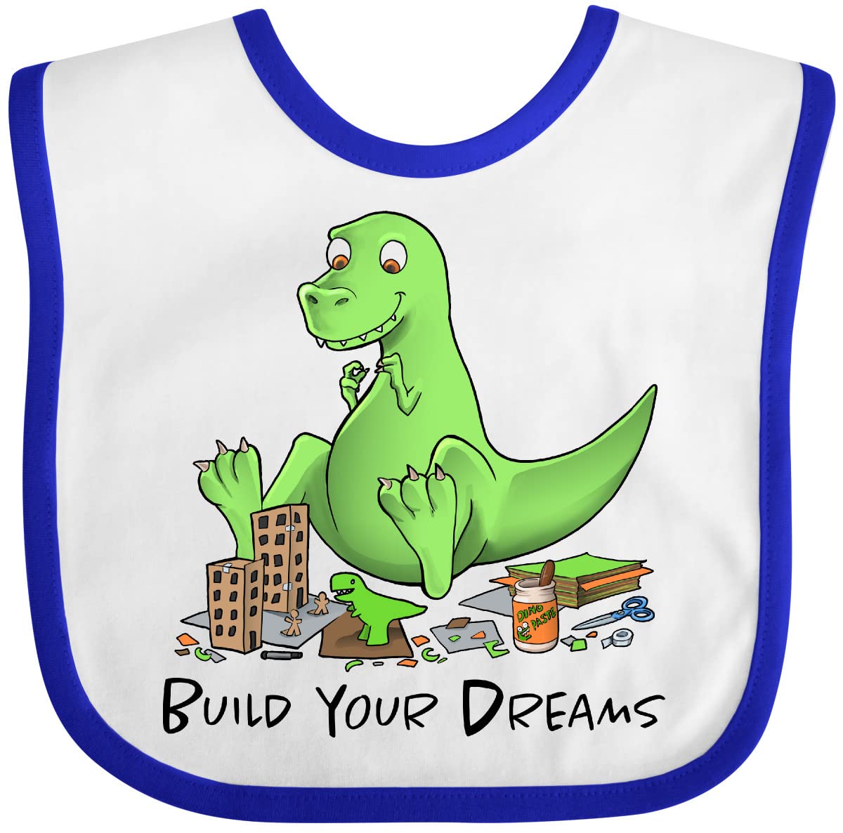 Inktastic Build Your Dreams Dinosaur Baby Bib - Soft Cotton Crafting Bib for Toddlers & Infants - Perfect for Feeding, Art Activities & Messy Playtime