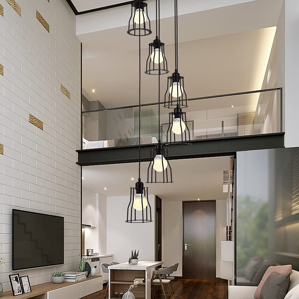 Modern 6-Light Black Glass Chandelier - Elegant Pendant Lighting Fixture for Kitchen Island, Dining Room & Foyer | Clear Glass Long Hanging Light for Contemporary Home Decor