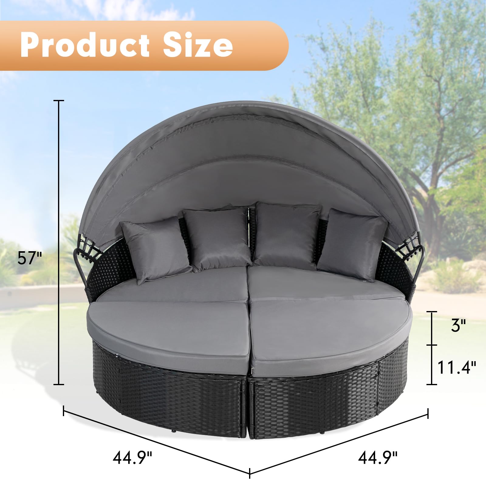 Outdoor Patio Furniture Set - 4-Piece Round Canopy Daybed with Cushioned Seats, Black Wicker Sofa for Poolside, Garden & Backyard Relaxation | Grey Weather-Resistant Design