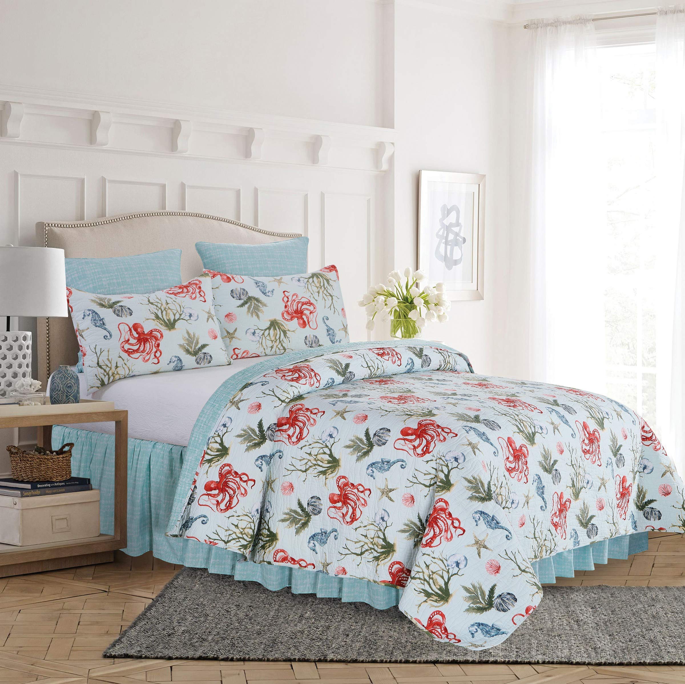 Reversible Blue Cotton Quilt Set Full/Queen Size - Coastal Beach Theme with Octopus, Seahorse & Starfish Design | 3-Piece Bedding Set for Coastal Decor & Guest Rooms
