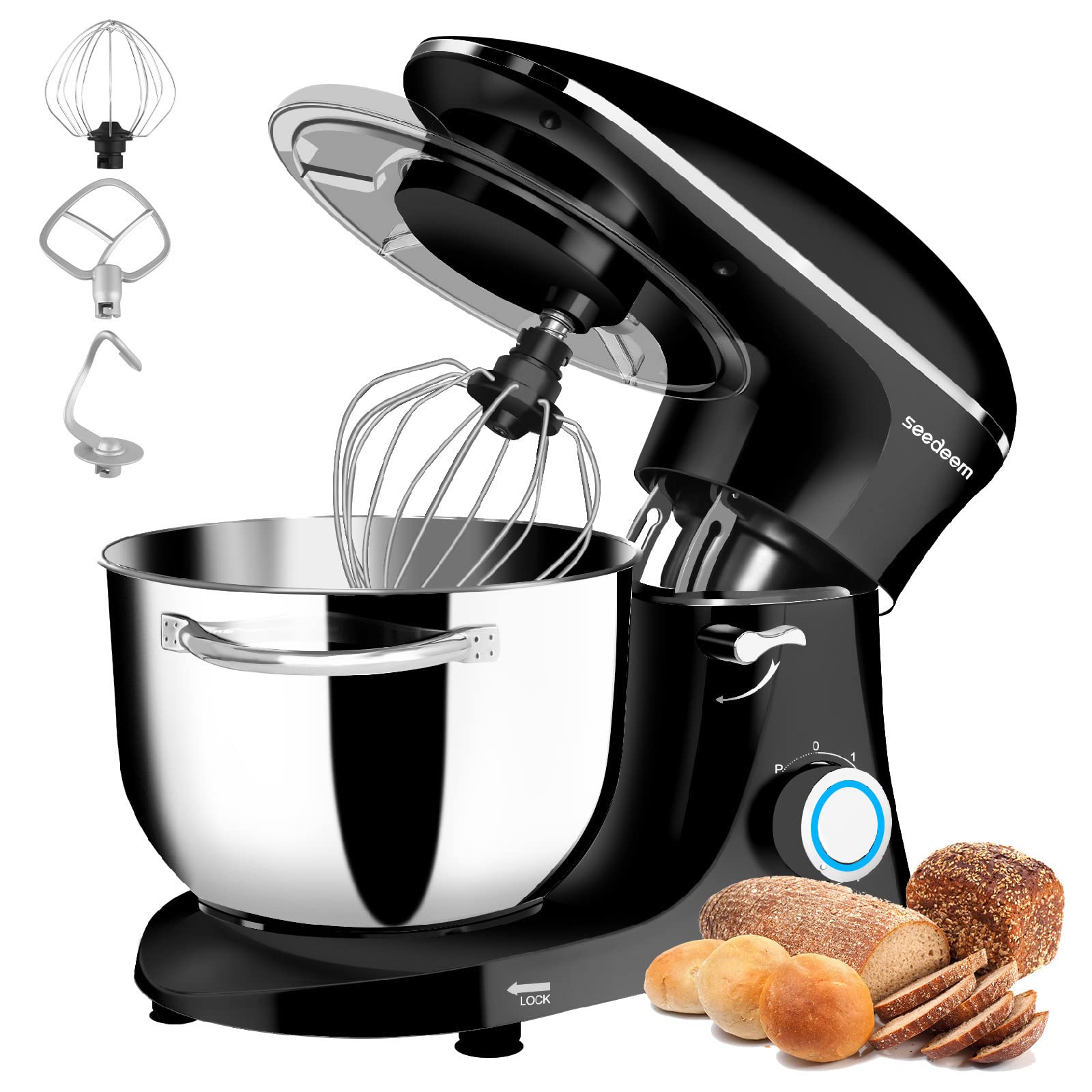 Seedeem 6Qt Stand Mixer, 660W Electric Food Mixer with Tilt-Head, 6-Speed Dough Mixer - Includes Dishwasher-Safe Dough Hook, Wire Whip & Beater - Perfect for Baking Bread, Cookies, Cakes & More - Black