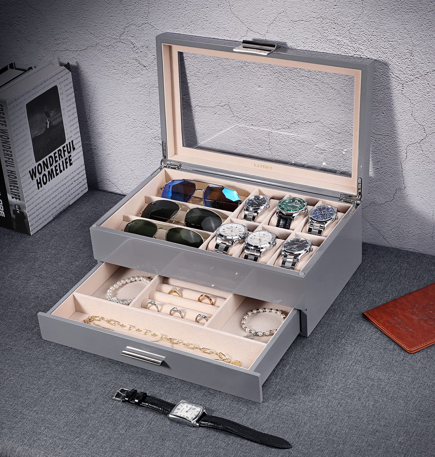 Premium 2-Layer PU Leather Watch Box Organizer for Men & Women - Large Jewelry Storage Case with Display Holder for Watches, Sunglasses, Bracelets, Necklaces & Rings (Grey & Apricot) - Perfect for Home, Office & Travel Organization
