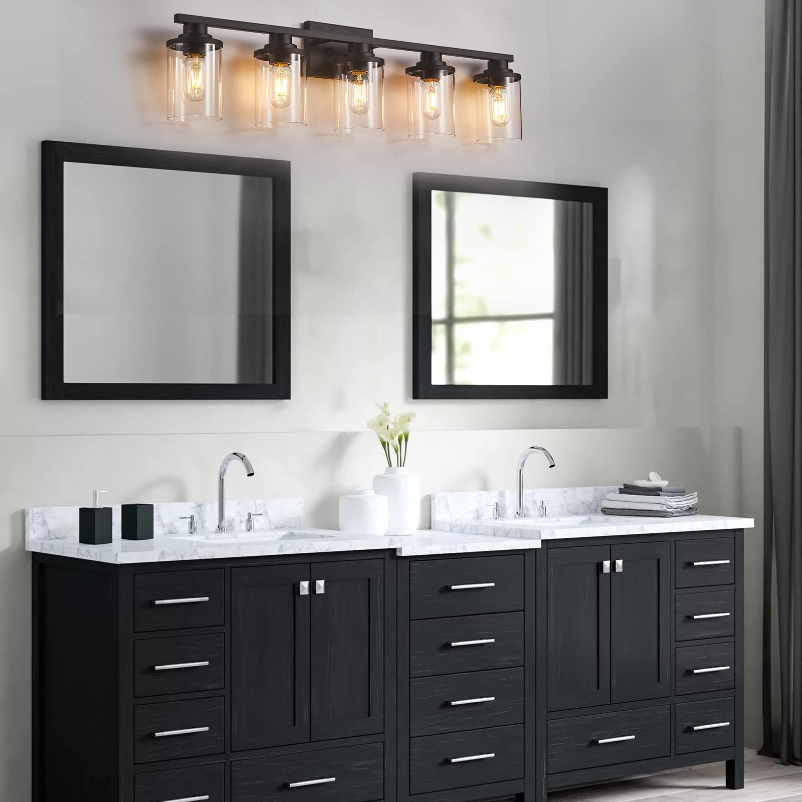 Stambord 5-Light Bathroom Vanity Light Fixture - Modern Matte Black Wall Sconce with Clear Glass Shade for Bathroom, Bedroom & Hallway - Perfect for Vanity Mirror Lighting, Dressing Area & Home Decor