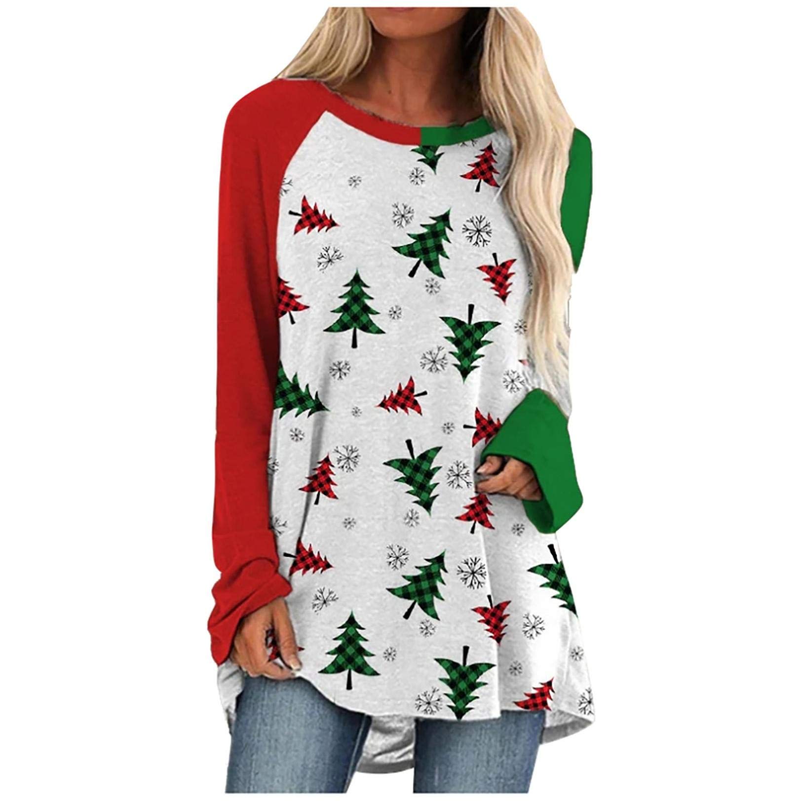 Women's Long Sleeve Color Block Christmas Tree Sweatshirt - Oversized Lightweight Pullover Blouse for Holiday Parties & Casual Winter Wear
