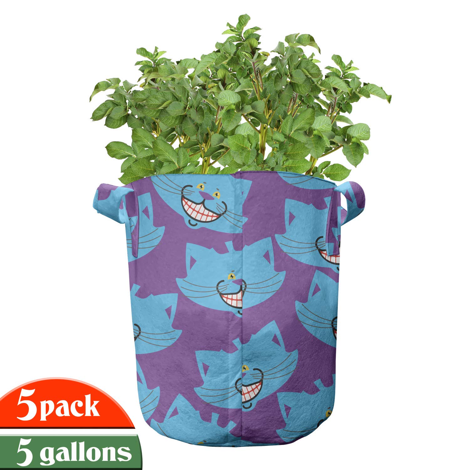 Lunarable Alice in Wonderland 5-Pack Grow Bags - Heavy Duty Fabric Plant Pots with Handles, 5 Gallon Capacity in Purple & Blue (Cheshire Cat Design) - Perfect for Indoor/Outdoor Gardening, Vegetables, Flowers & Herbs