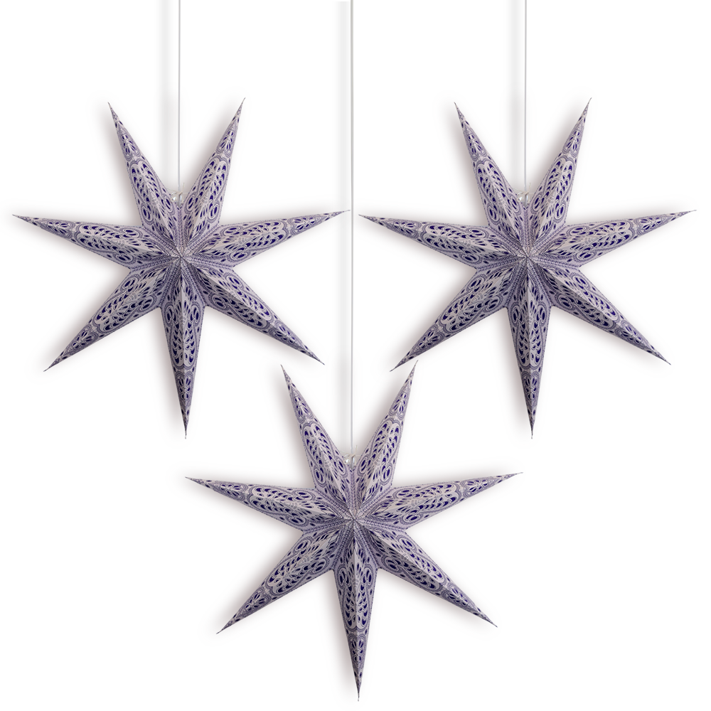 3 Pack Purple Grey Peacock 24 Inch LED Star Lanterns - 7 Point Illuminated Paper Lamps with Light Cord Included for Home Decor, Party, Wedding & Outdoor Lighting