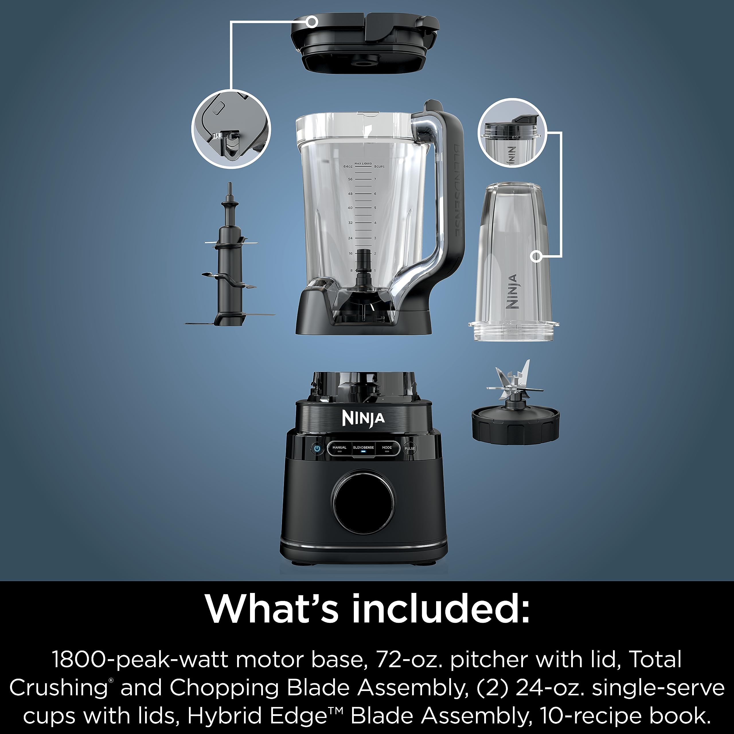 Ninja Detect Power Blender Pro with Personal Single-Serve Cups - 1800W High-Speed Blender for Smoothies, Shakes, Food Prep & More | BlendSense Technology | 72oz Pitcher + (2) 24oz To-Go Cups | Compact Countertop Design | Perfect for Kitchens, Offices & Healthy Lifestyles (Black, Model TB301)
