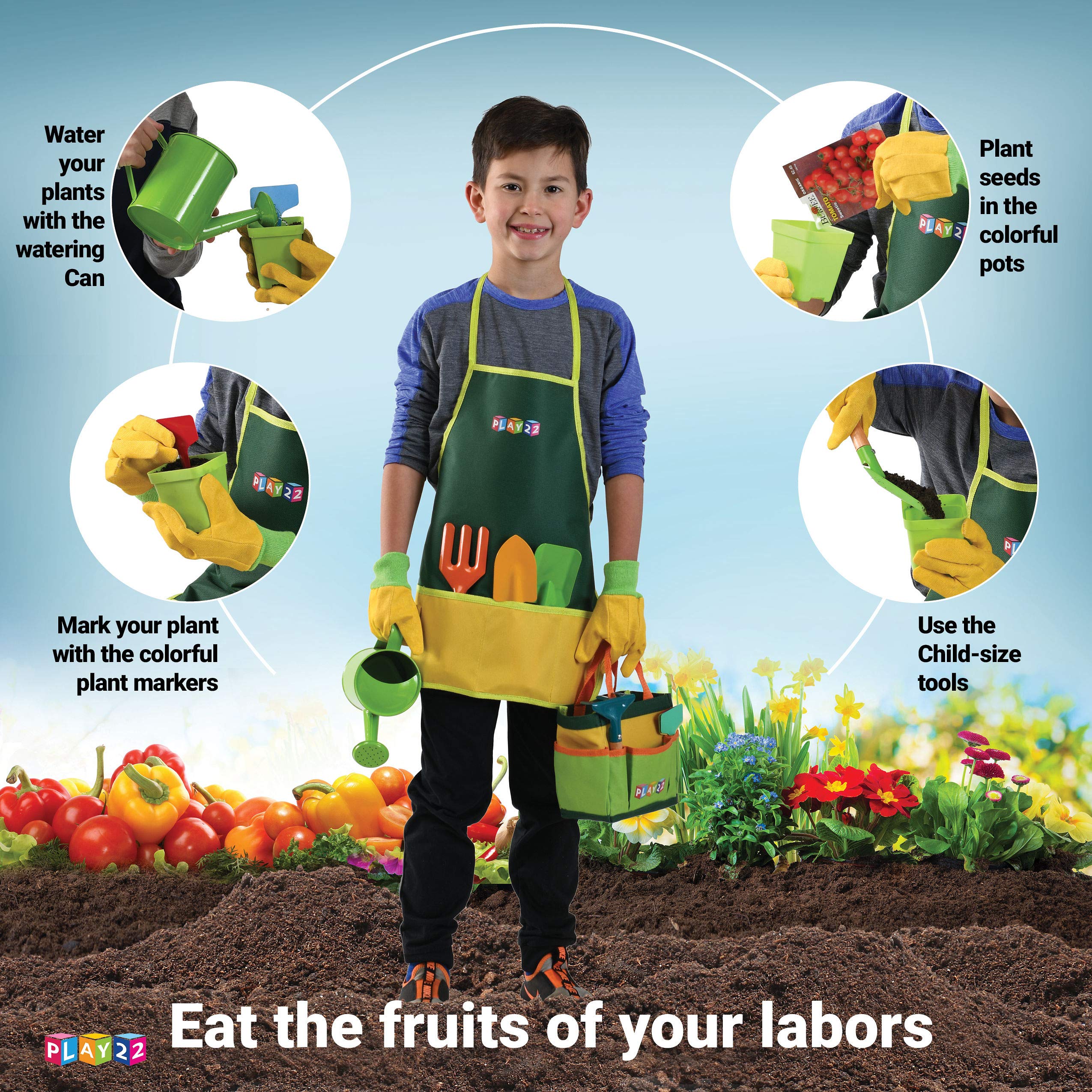 Play22 Kids Gardening Tool Set 12 PCS - Complete Gardening Kit with Shovel, Rake, Fork, Trowel, Apron, Gloves, Watering Can & Tote Bag - Best Outdoor Educational Toys for Toddlers & Children - Perfect for Backyard Planting, School Projects & Nature Exploration Activities