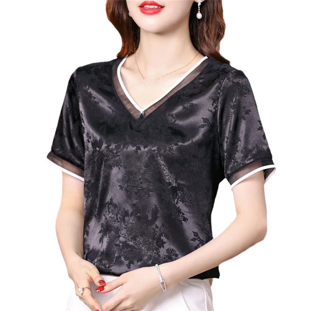 Women's V-Neck Short Sleeve Silk T-Shirt - Satin Jacquard Blouse for Summer, Loose Fit Work Shirt | Office Wear, Casual Outfits & Special Occasions