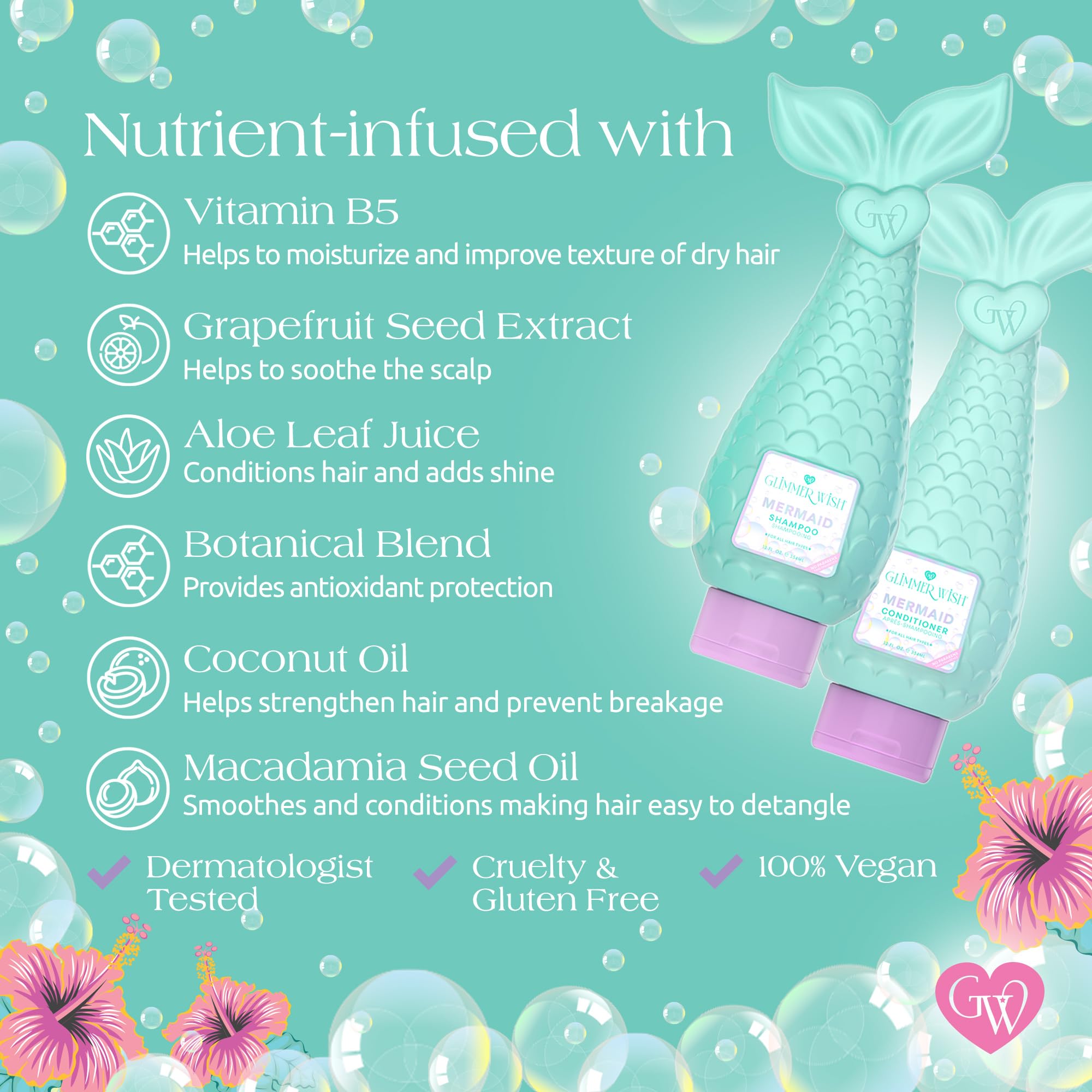 Glimmer Wish Premium Mermaid Shampoo & Conditioner Set - Tropical Beach Scent, Sulfate Free, Vegan & Cruelty Free Hair Care (12 Fl Oz x2) for Soft, Shiny Hair - Perfect for Beach Days, Pool Parties & Summer Vacations