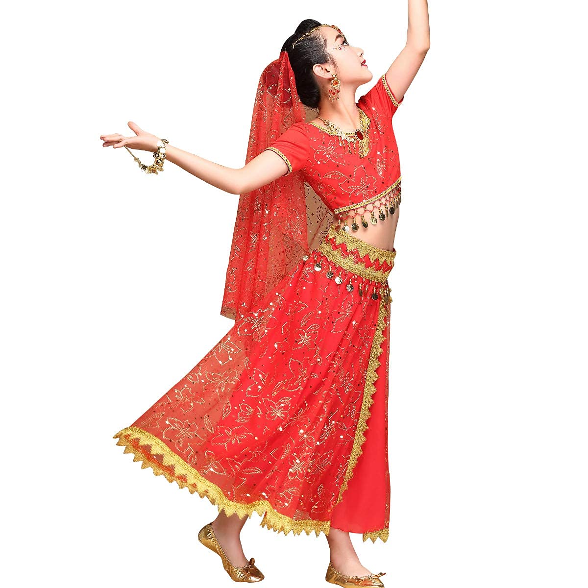 Belly Dance Costume Bollywood Dress - Elegant Chiffon Dance Outfit with Head Veil for Girls, Perfect for Halloween, Parties, and Performances