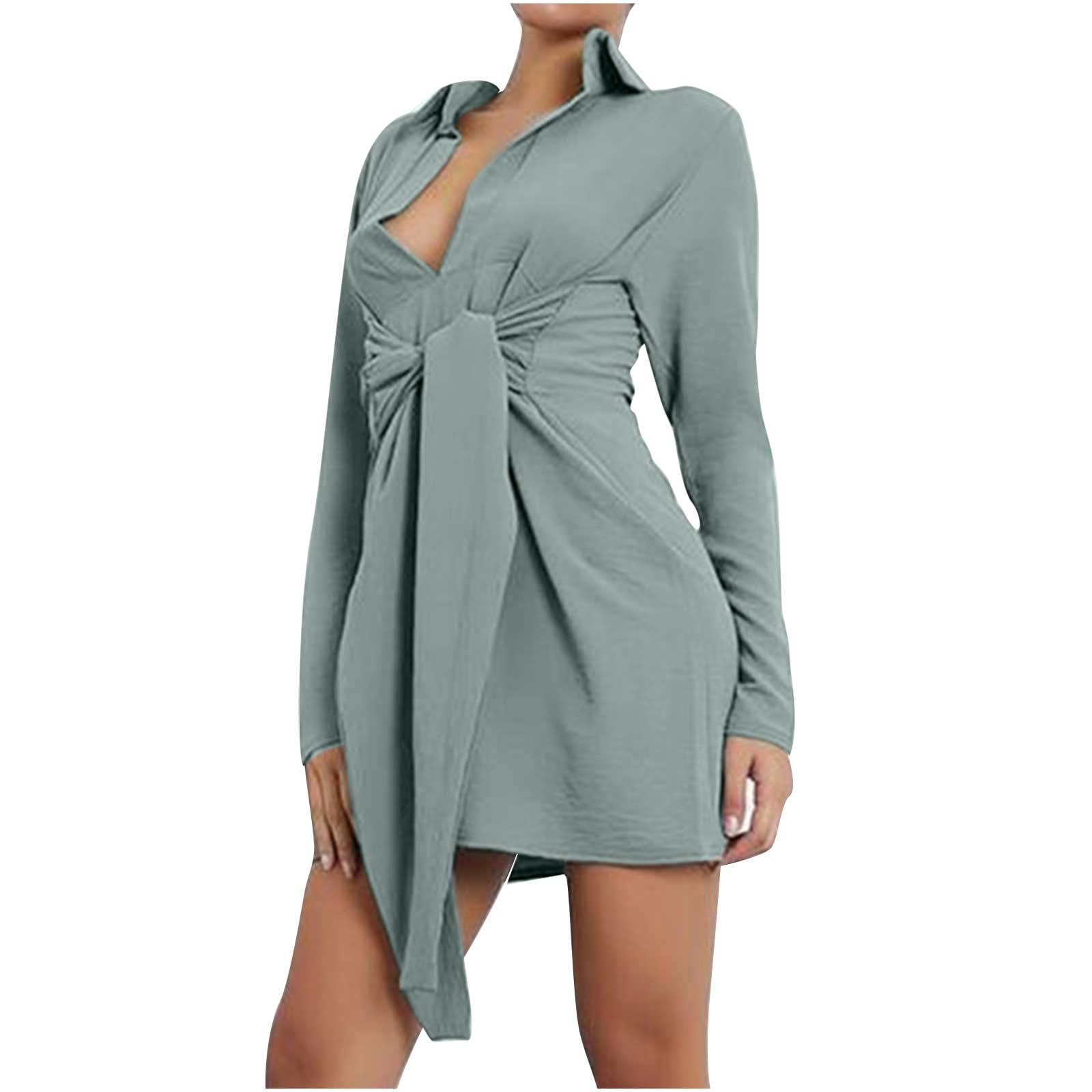 TOPRenddon Women's Sexy V-Neck Lace Up Shirt Dress - Long Sleeve Solid Color A-Line Mini Dress for Autumn Casual Wear | Perfect for Date Night, Office Outfits & Party Occasions